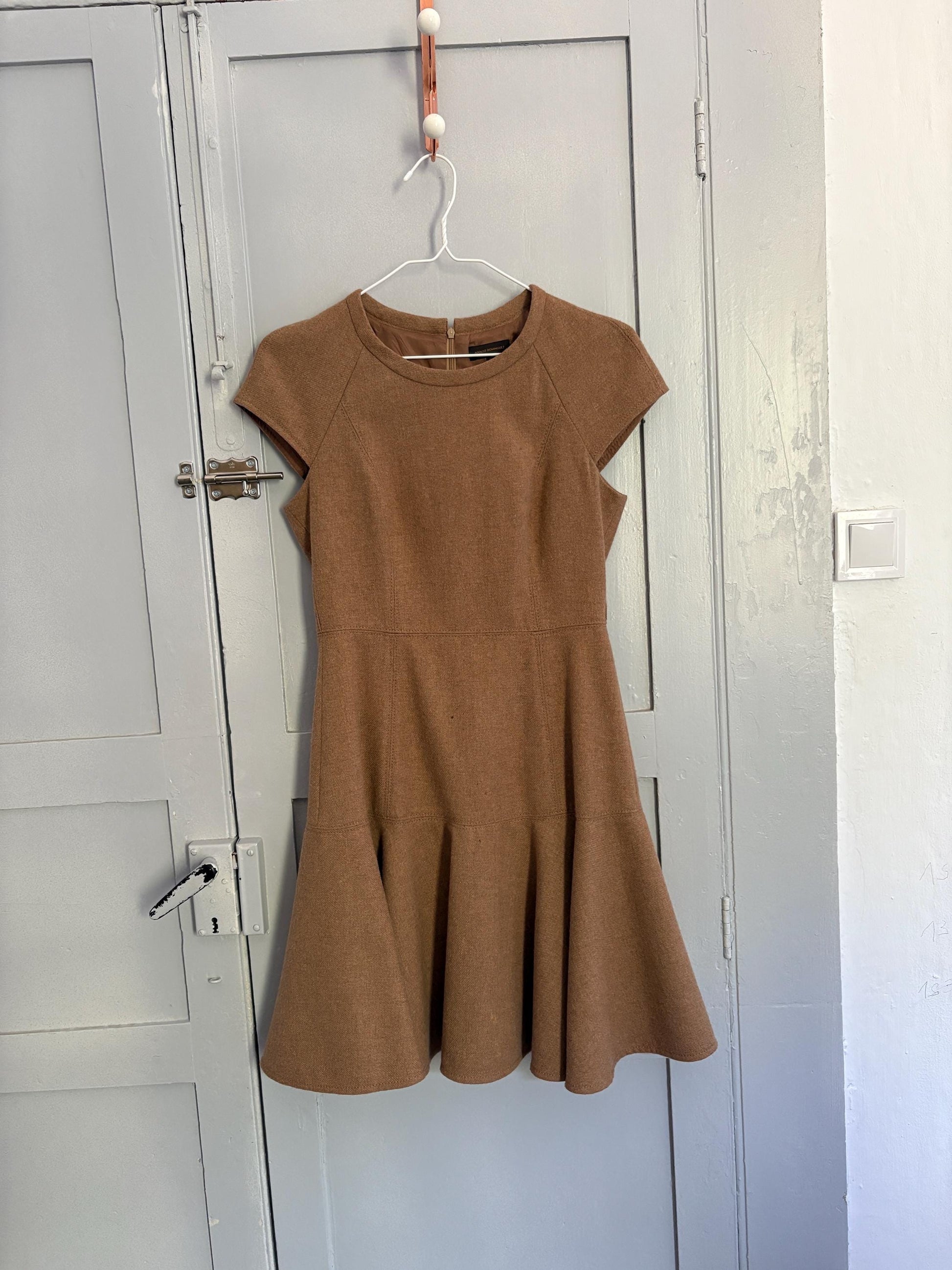 Vintage Adolfo Dominguez Fit & Flare Wool Dress | Soft Brown Mini Dress | Academia Fall Aesthetic