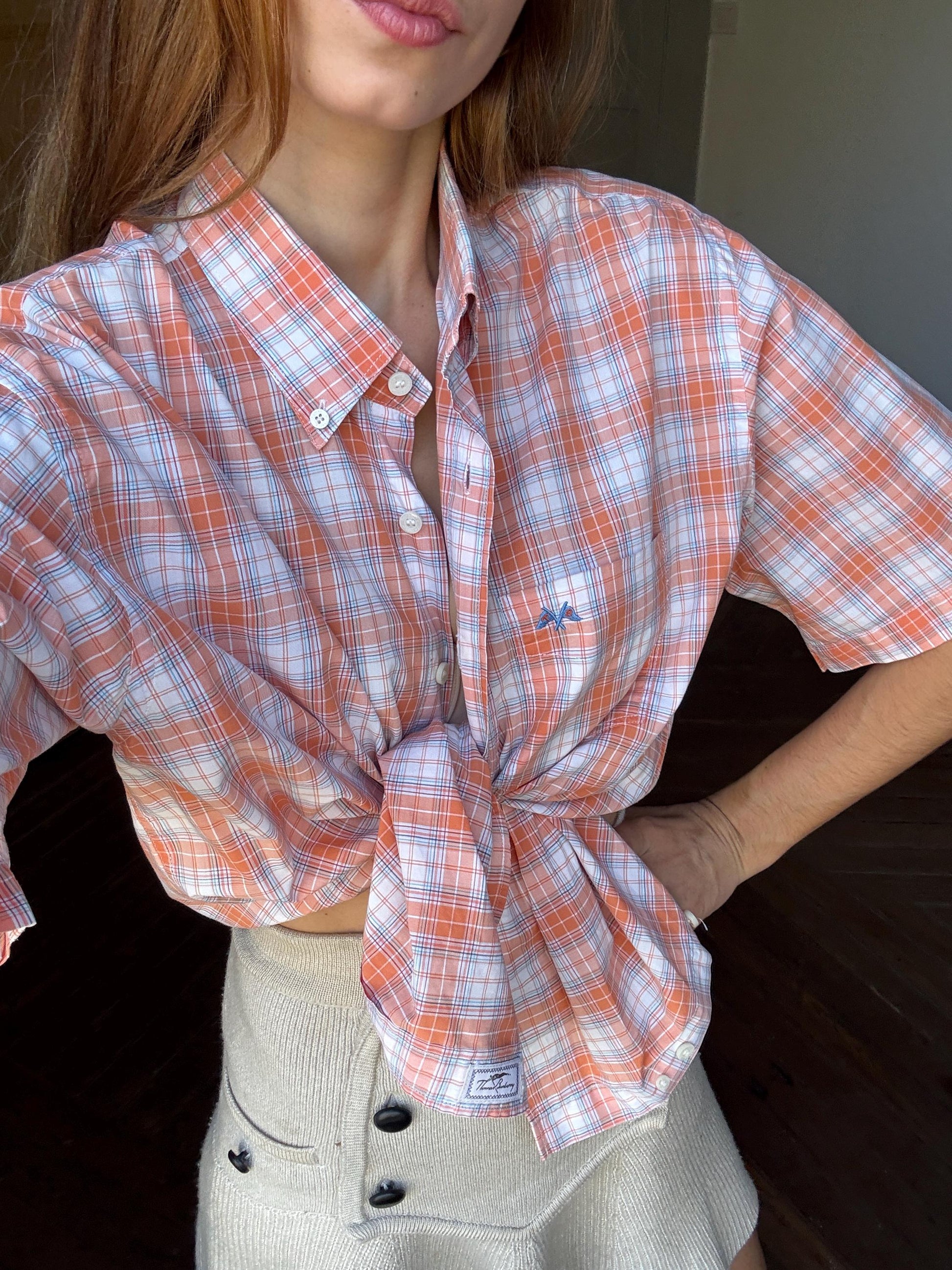 Vintage Thomas BURBERRY Orange plaid men blouse, Oxford designer shirt, Boxy fit, Classic formal shirt, Cotton shirt, XL