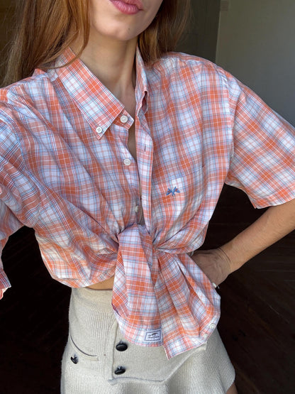 Vintage Thomas BURBERRY Orange plaid men blouse, Oxford designer shirt, XL