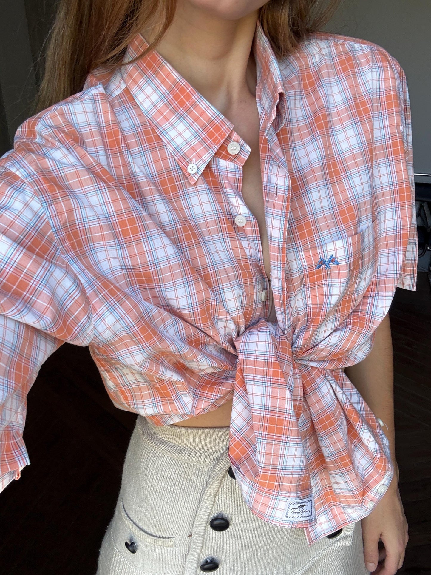 Vintage Thomas BURBERRY Orange plaid men blouse, Oxford designer shirt, Boxy fit, Classic formal shirt, Cotton shirt, XL