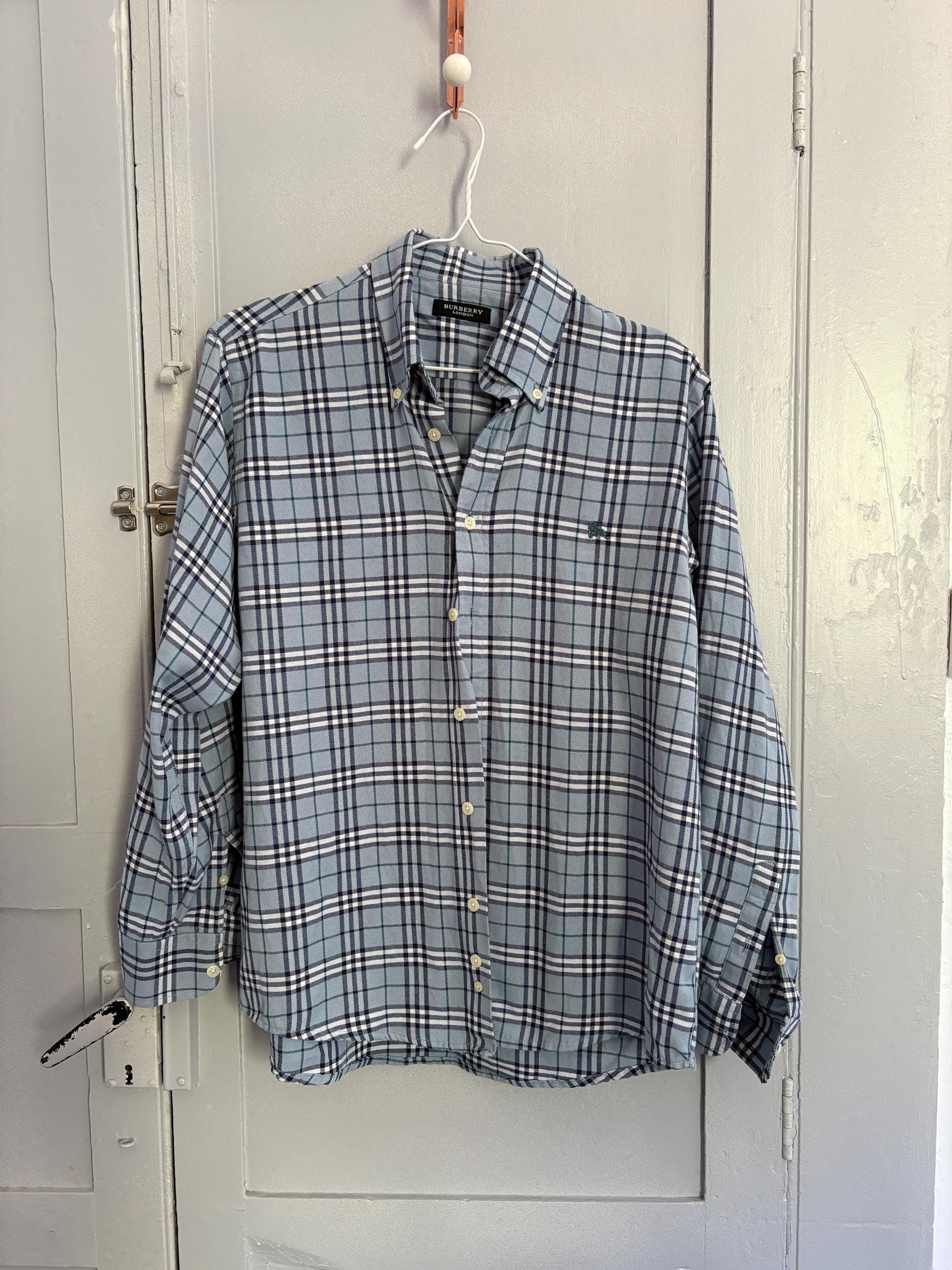 Vintage BURBERRY London blue and white plaid men blouse, Oxford designer shirt, Boxy fit, Classic formal shirt, Checkered branded wear, M