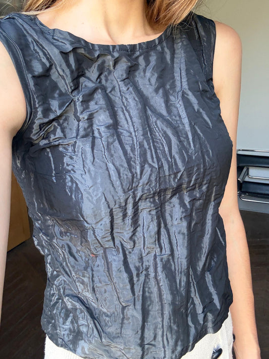 Chic black camisole, Elegant sleeveless textured top, Shiny black outfit, XXS