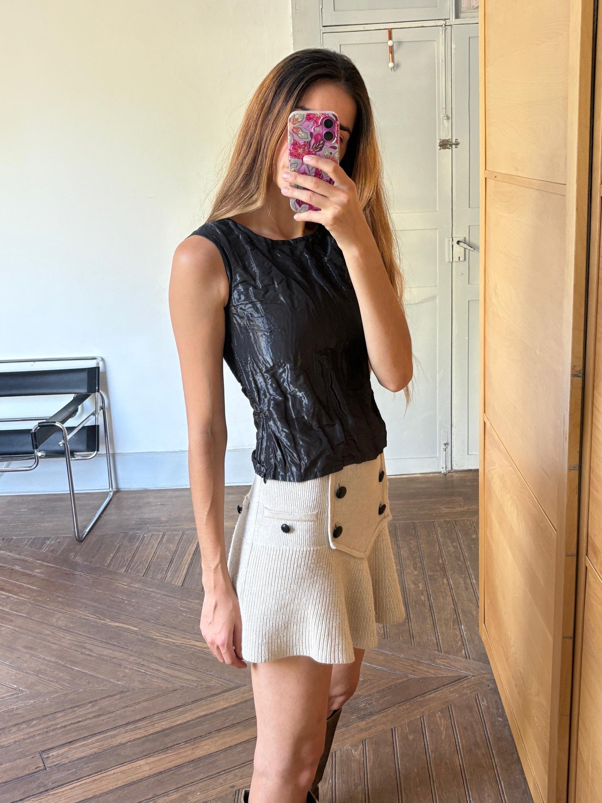 Chic black camisole, Elegant sleeveless textured top, Shiny black outfit, XXS