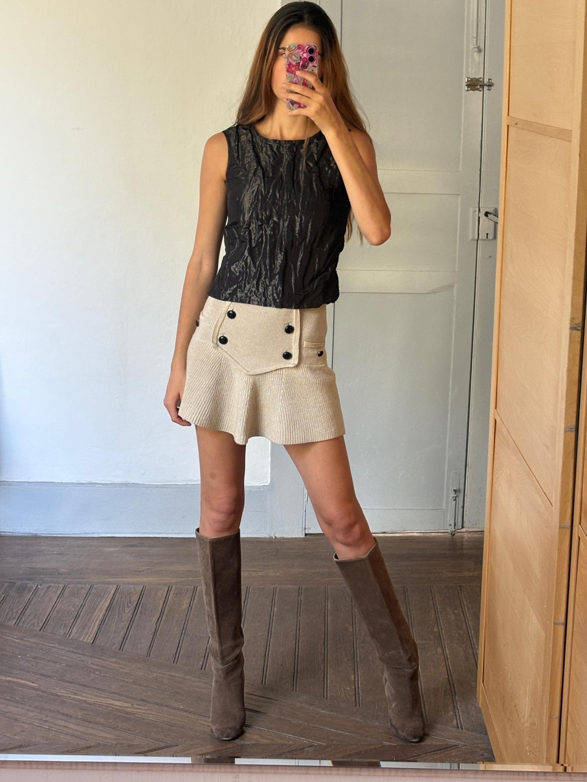 Chic black camisole, Elegant sleeveless textured top, Shiny black outfit, XXS