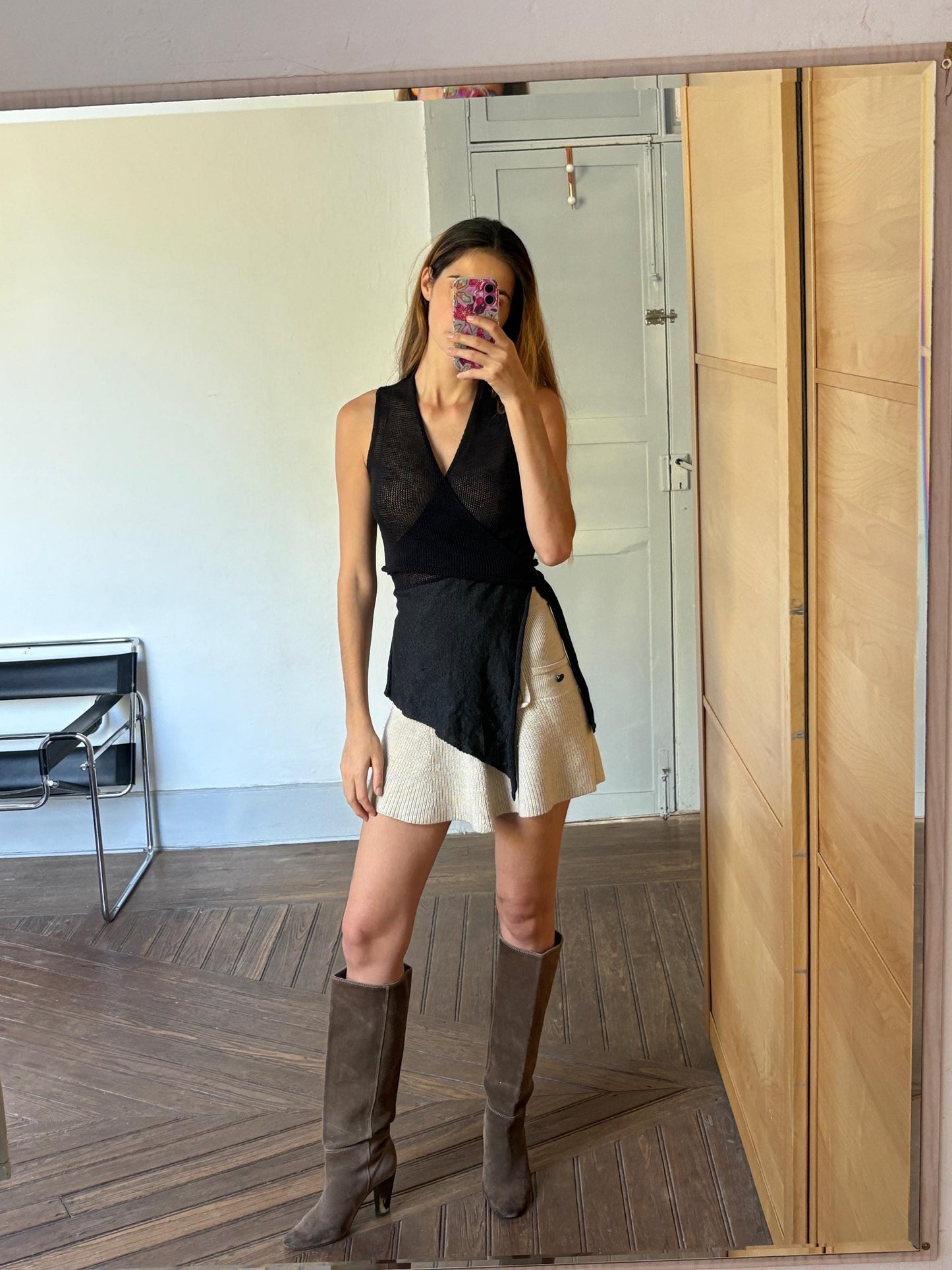 Vintage Sarah Pacini Black Linen Blend Camisole, Elegant Asymmetric Sleeveless Designer Top, Branded Knitwear, Versatile Classic Shirt