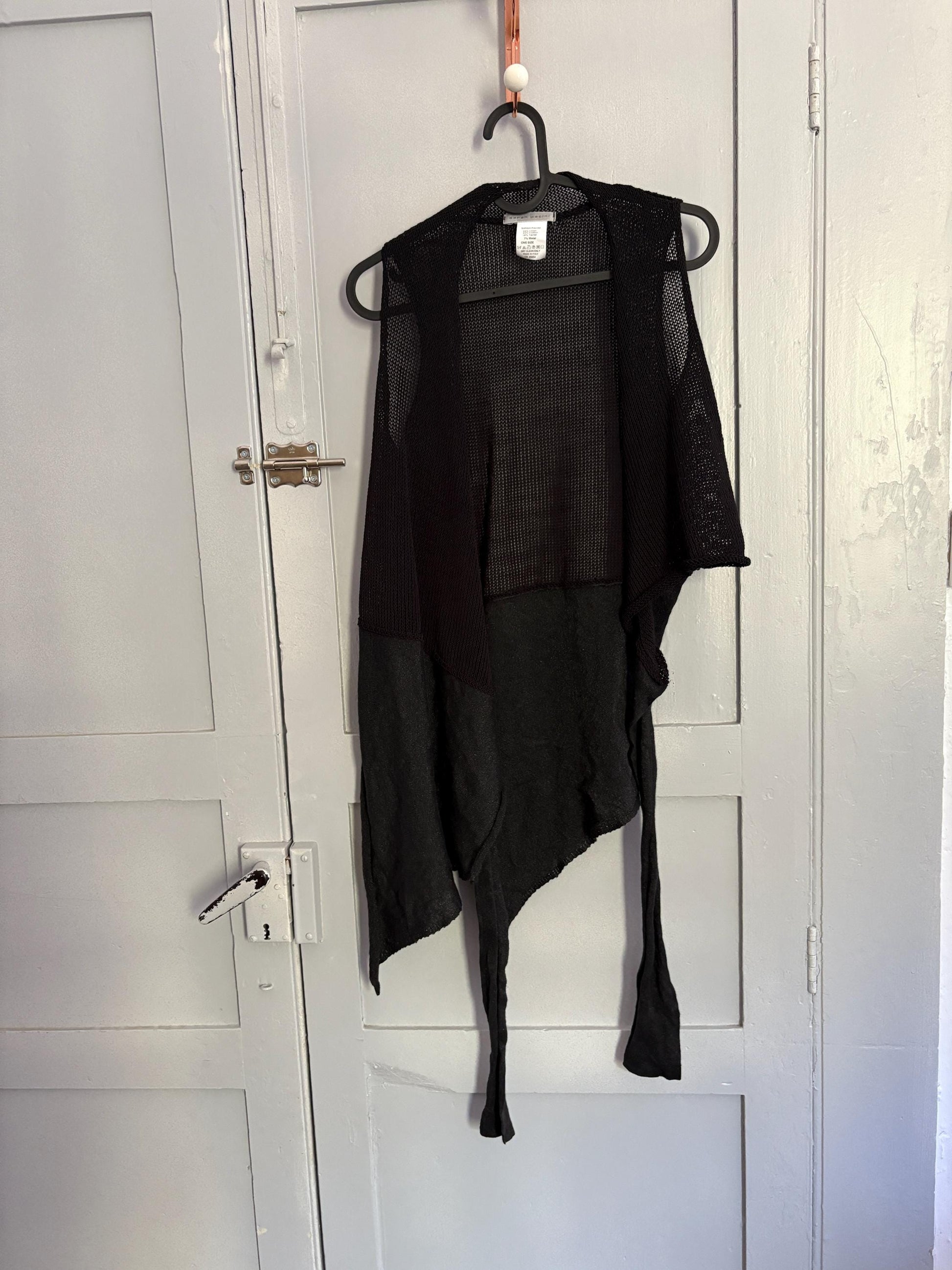 Vintage Sarah Pacini Black Linen Blend Camisole, Elegant Asymmetric Sleeveless Designer Top, Branded Knitwear, Versatile Classic Shirt