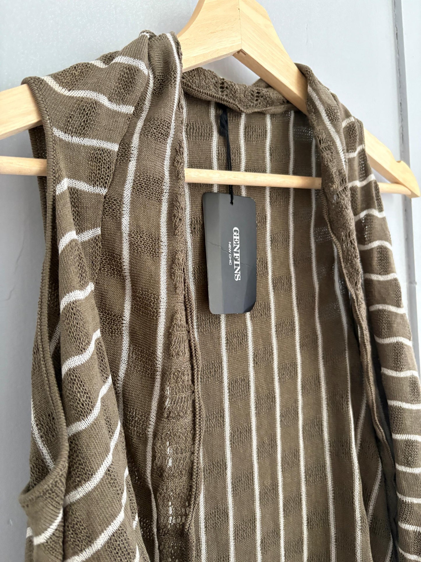 Vintage striped bolero, Elegant Women gilet, Sleeveless vest, formal waistcoat, Designer wear, Genfins moss green and white earthy cardigan