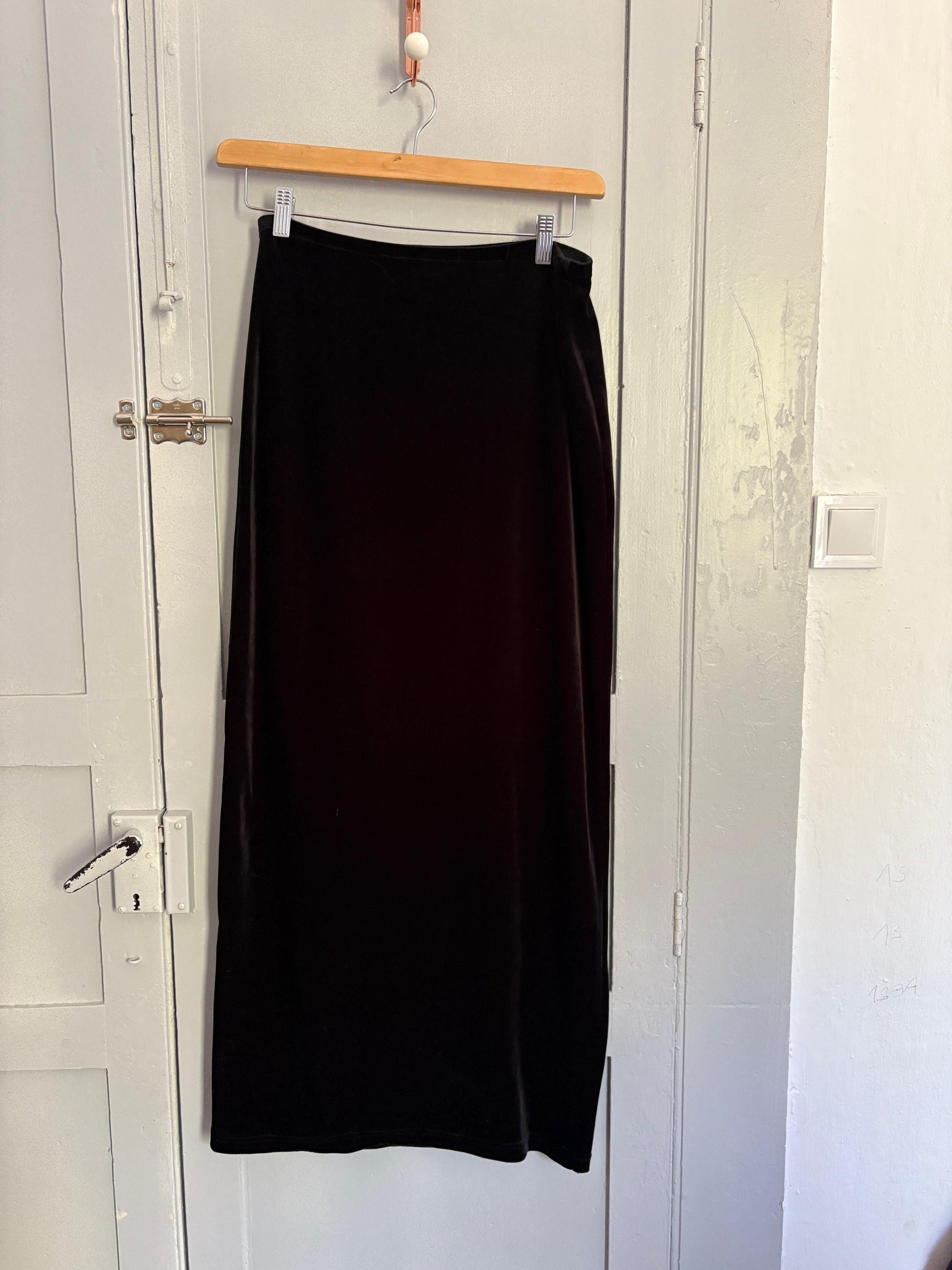 Vintage black velvet maxi skirt with side split, Formal elegant sensual long woman skirt, M