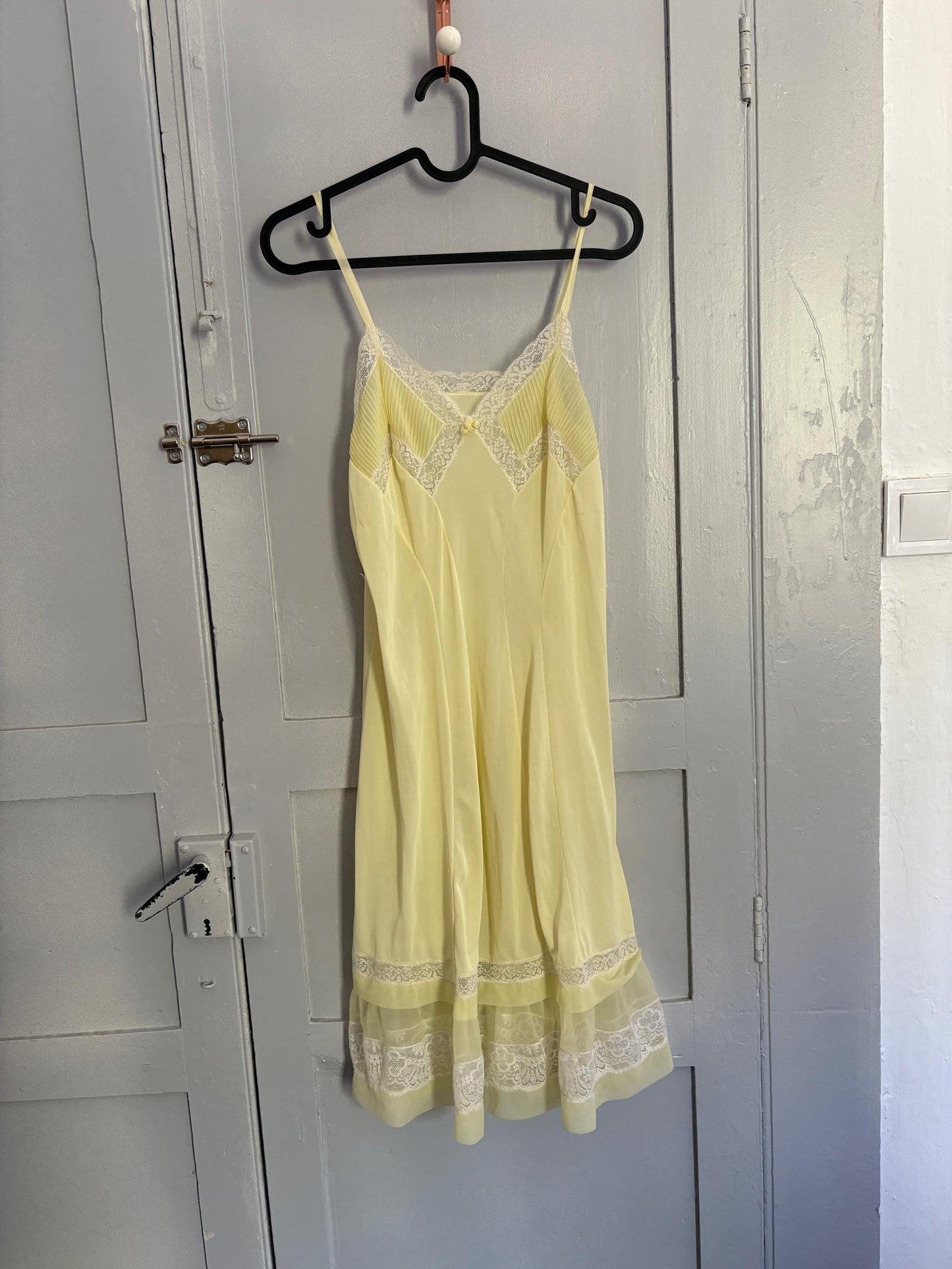 Vintage Sheer Yellow Lingerie Slip Dress – Pastel Dreamy Nightgown with Lace Detail