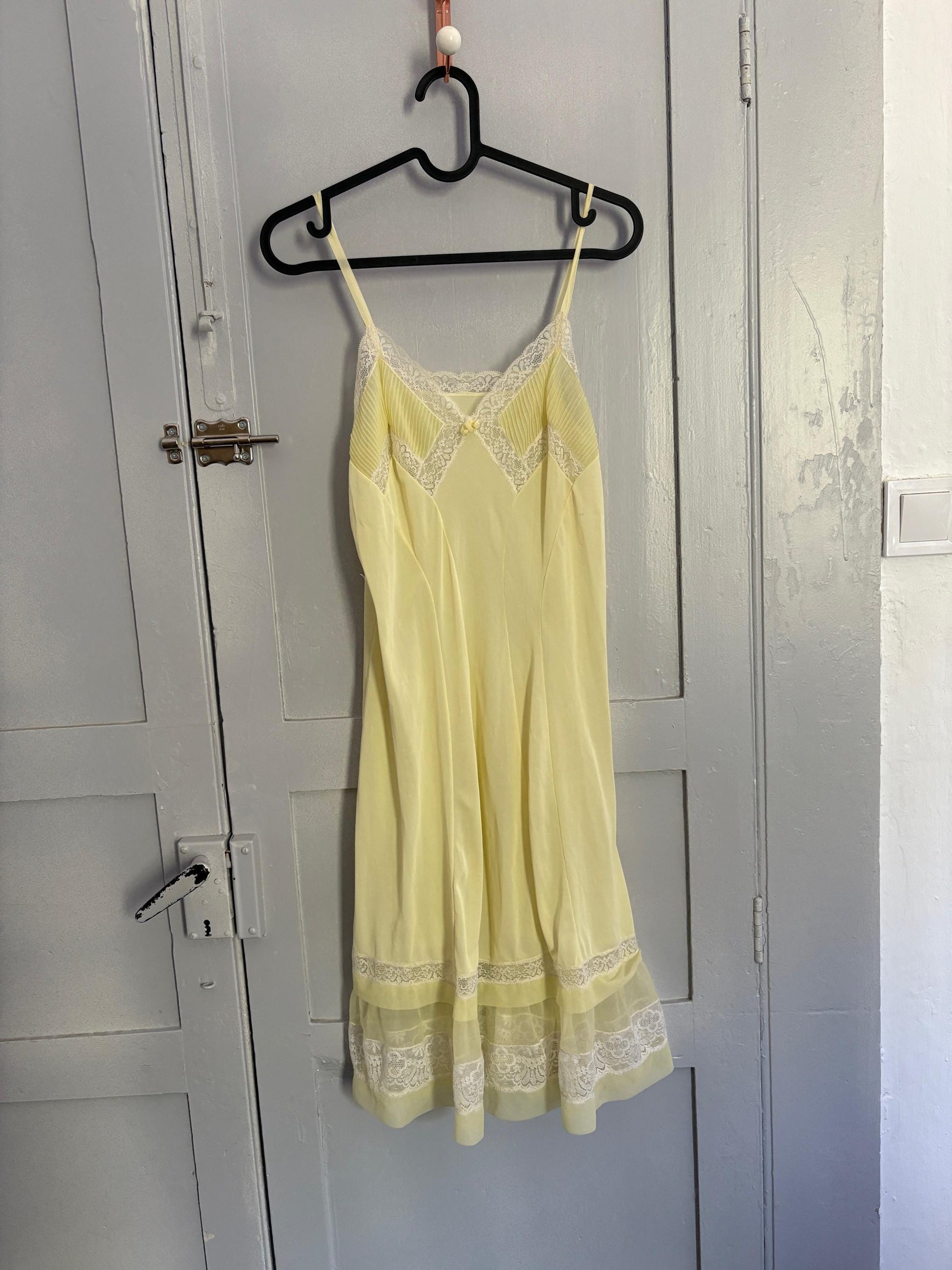 Vintage Sheer Yellow Lingerie Slip Dress – Pastel Dreamy Nightgown with Lace Detail