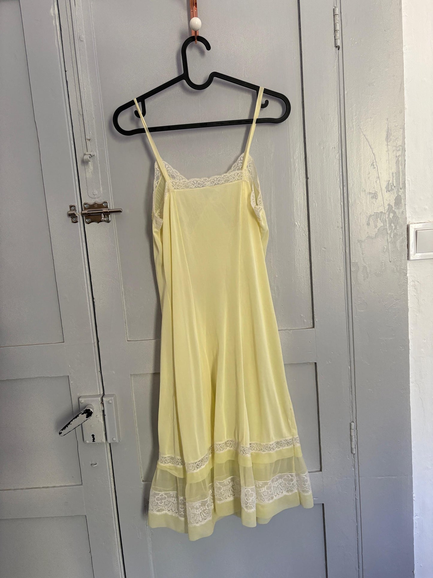 Vintage Sheer Yellow Lingerie Slip Dress – Pastel Dreamy Nightgown with Lace Detail