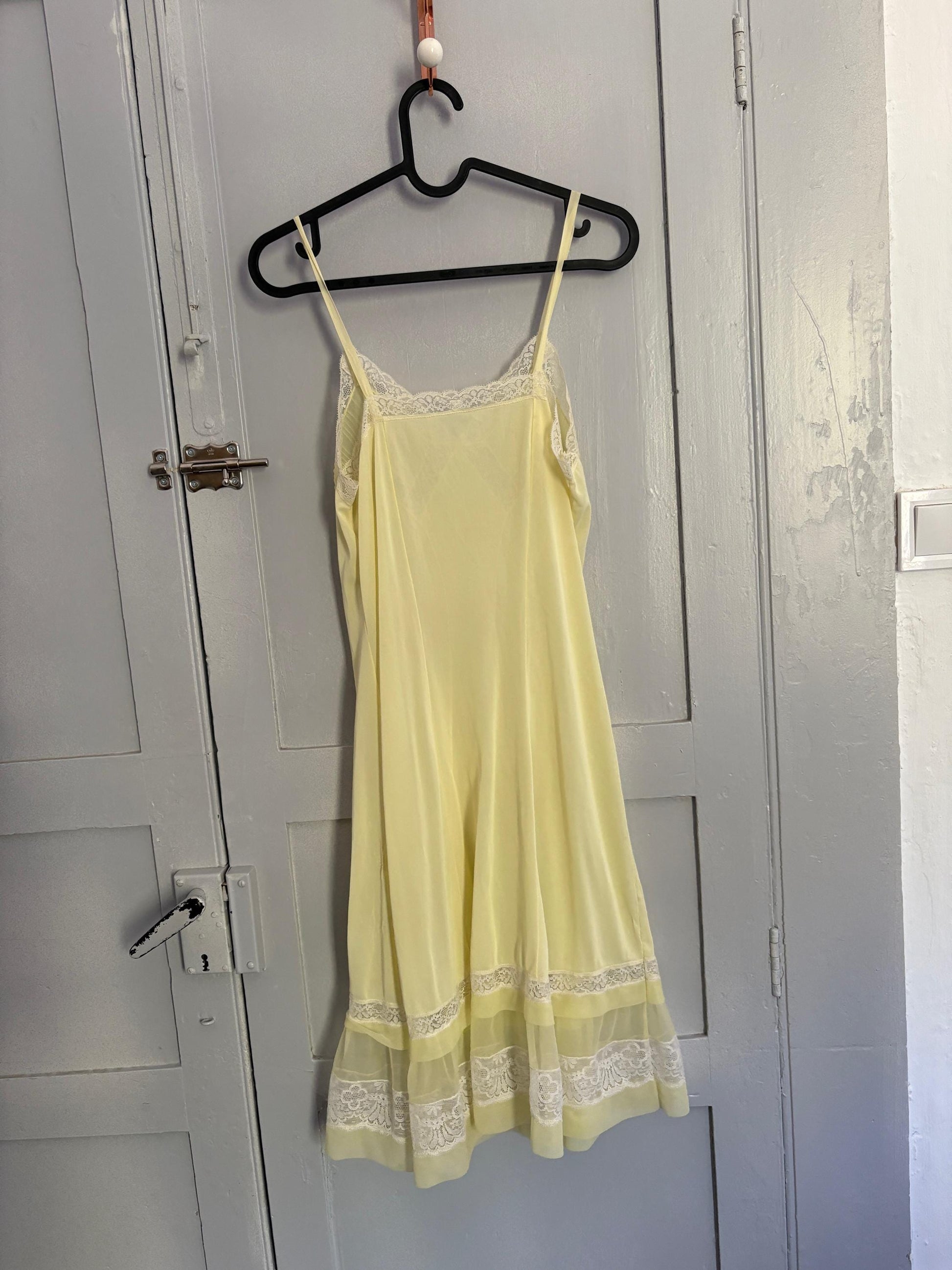 Vintage Sheer Yellow Lingerie Slip Dress – Pastel Dreamy Nightgown with Lace Detail
