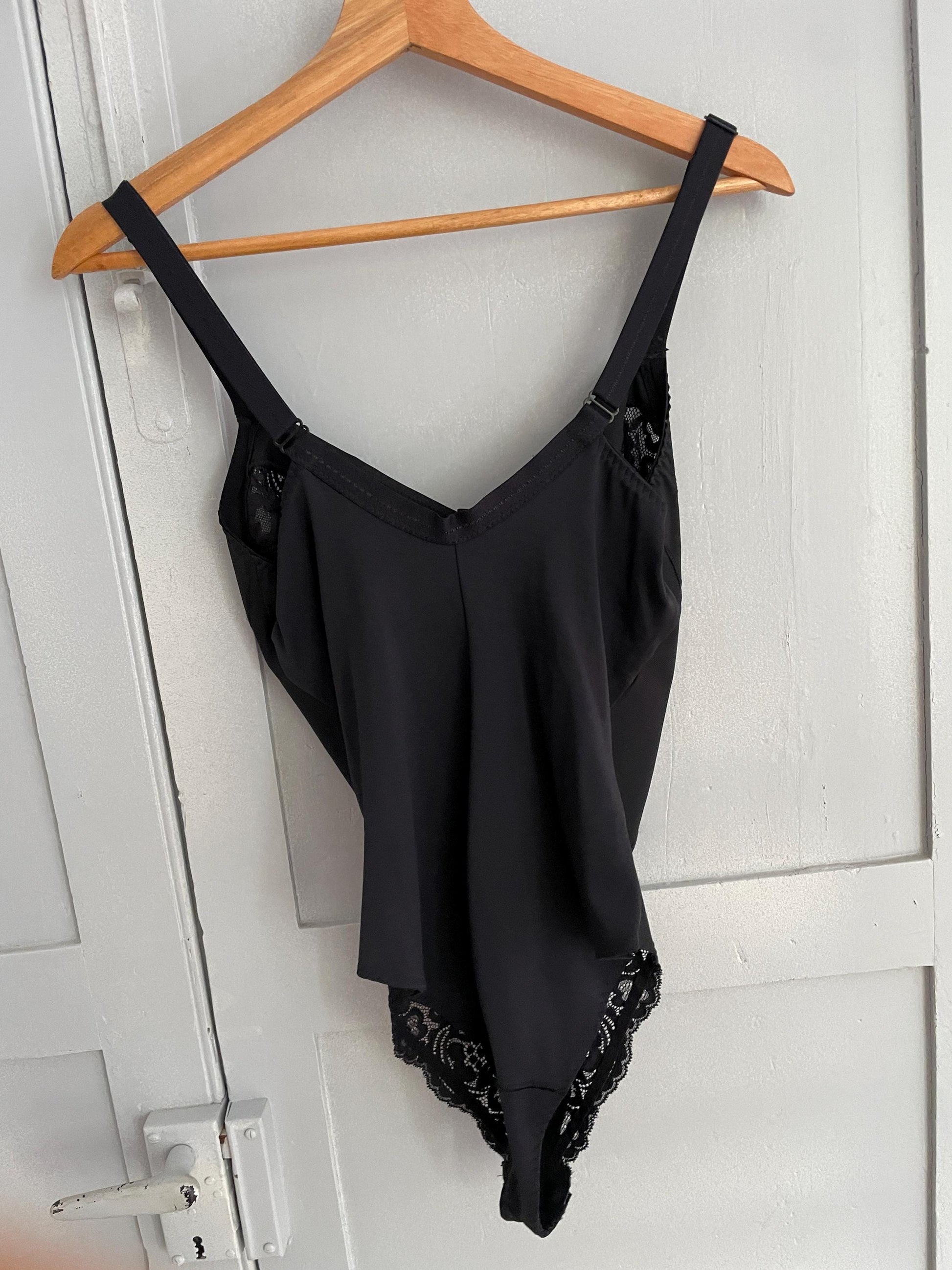 vintage black lace lingerie bodysuit romantic body adjustable straps sheer detailing EU 36 US S
