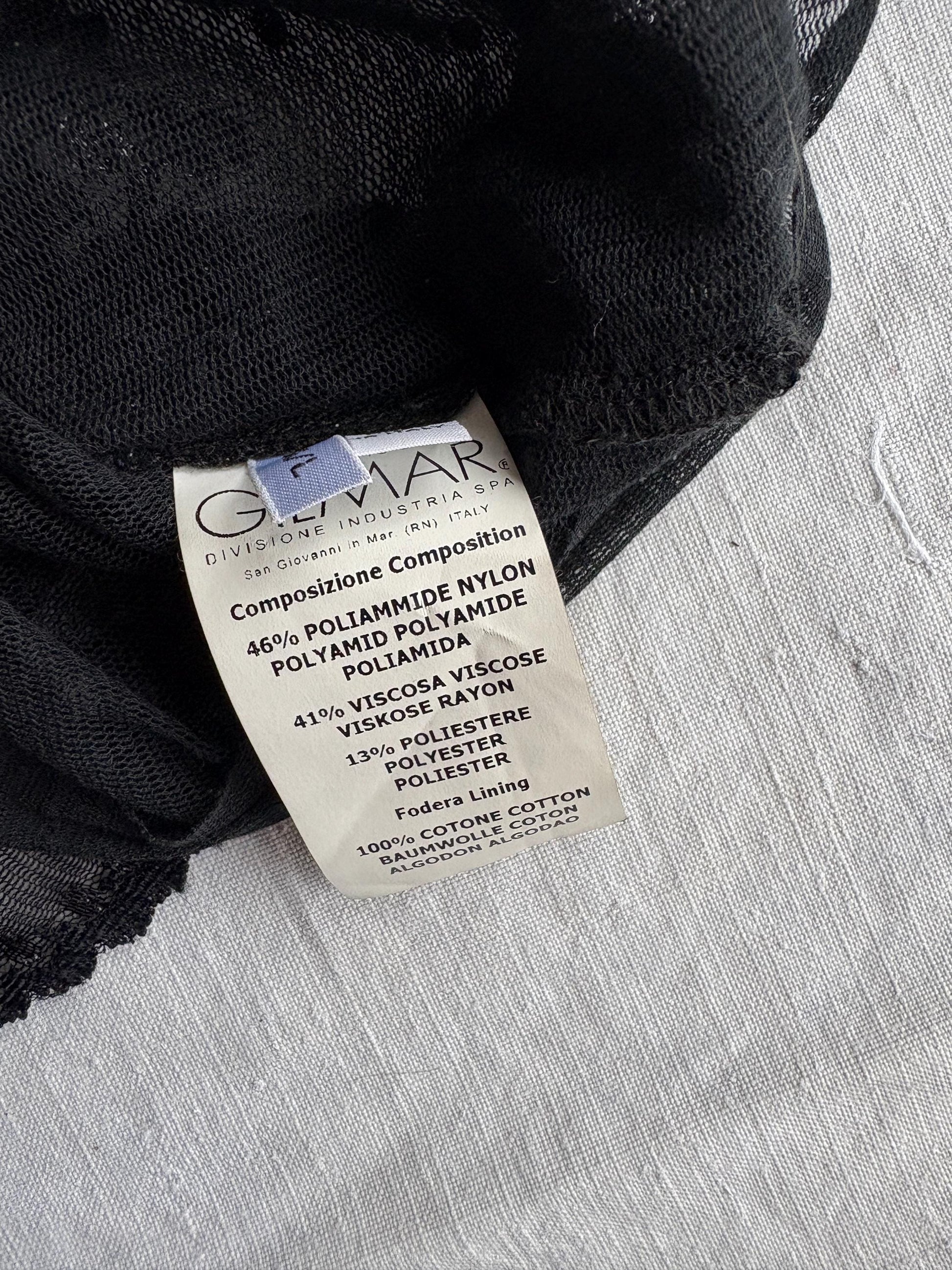 Vintage Iceberg black sheer polo shirt, Floral glitter blouse, Silver see through lace designer