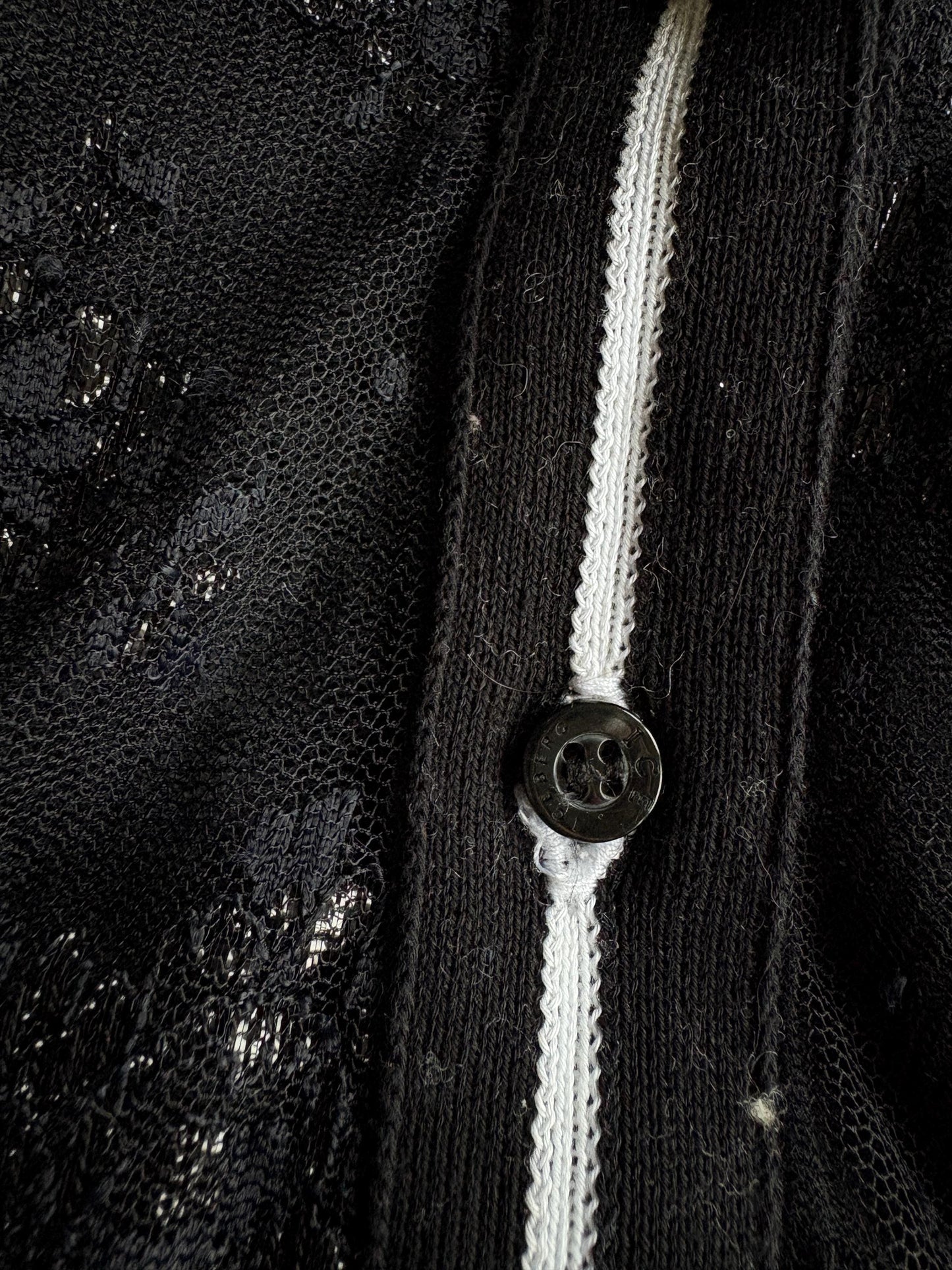 Vintage Iceberg black sheer polo shirt, Floral glitter blouse, Silver see through lace designer t-shirt, L