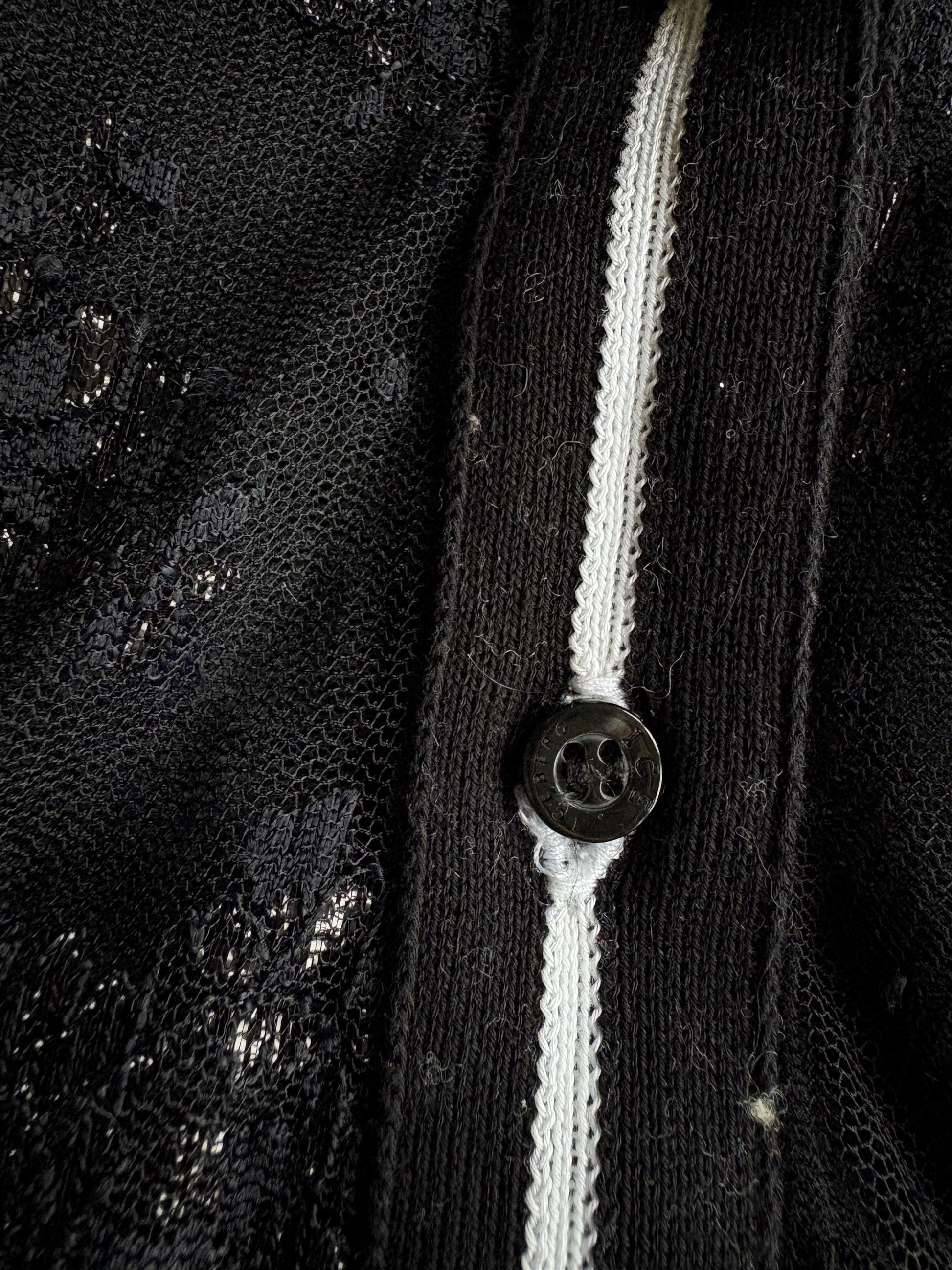 Vintage Iceberg black sheer polo shirt, Floral glitter blouse, Silver see through lace designer t-shirt, L