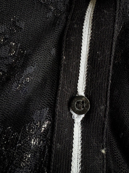 Vintage Iceberg black sheer polo shirt, Floral glitter blouse, Silver see through lace designer
