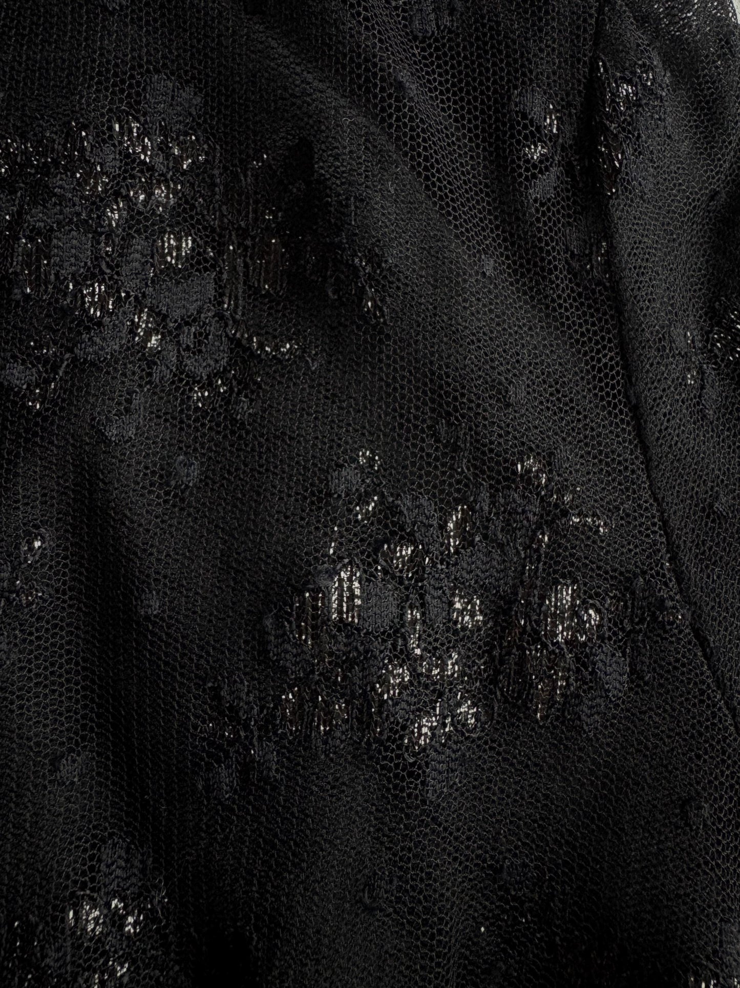 Vintage Iceberg black sheer polo shirt, Floral glitter blouse, Silver see through lace designer t-shirt, L