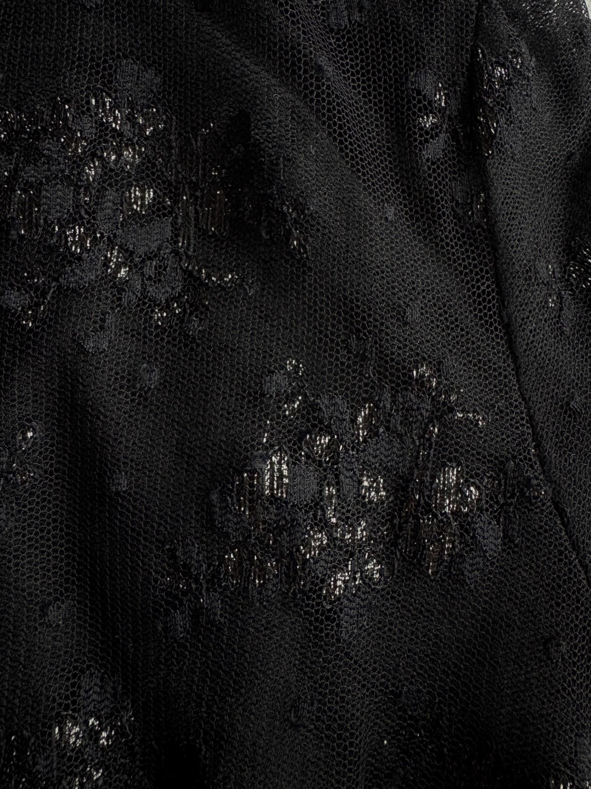 Vintage Iceberg black sheer polo shirt, Floral glitter blouse, Silver see through lace designer