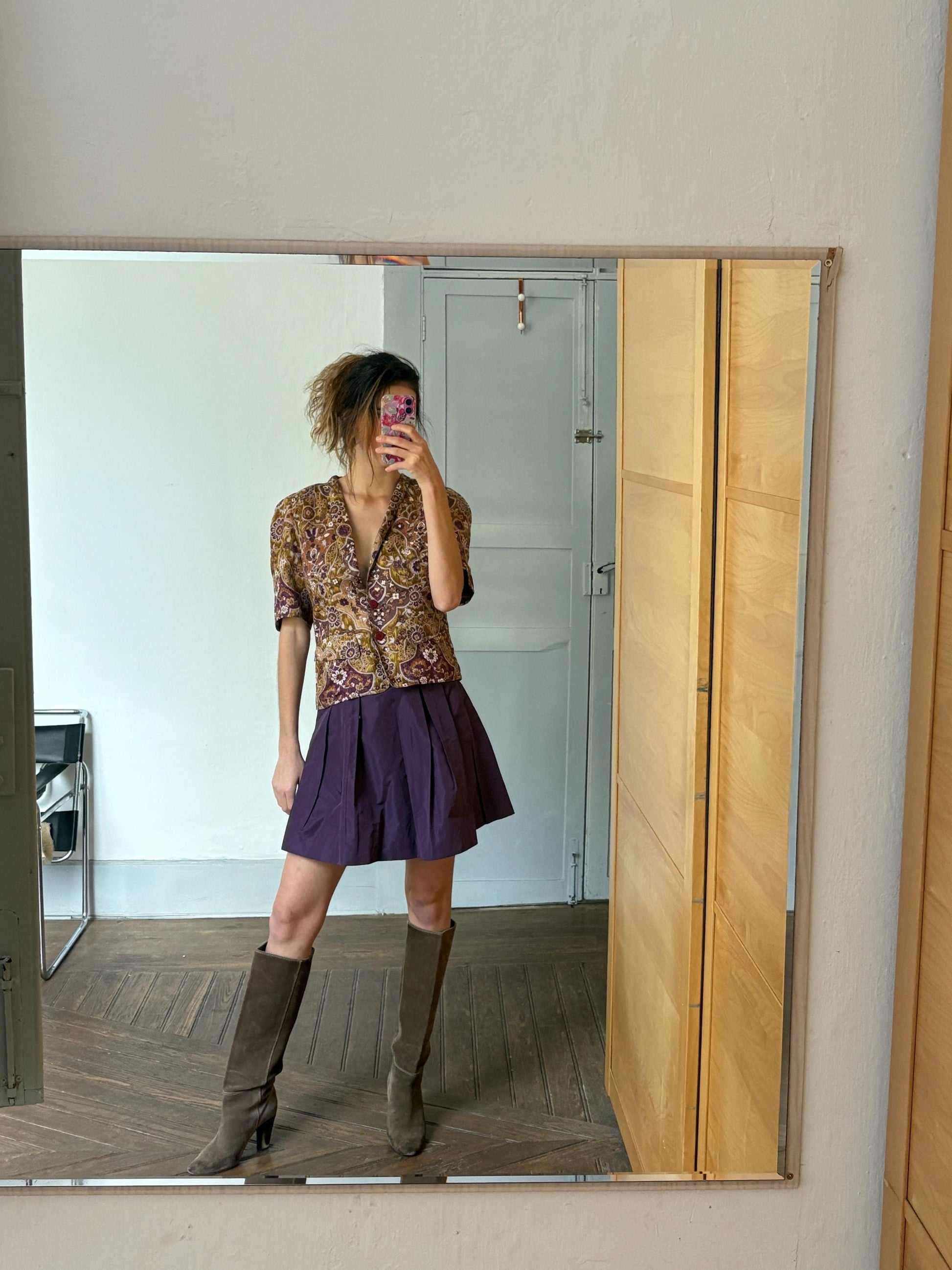 Vintage unique handmade jacket with flower print and short sleeves, Deep v neckline blouse, Retro 60s woman top, Deadstock original vintage