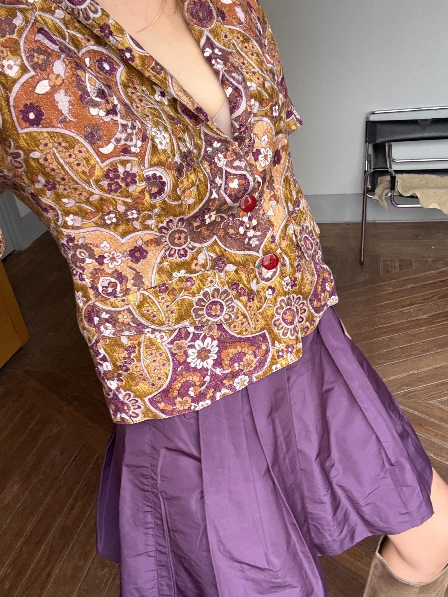 Vintage unique handmade jacket with flower print and short sleeves, Deep v neckline blouse, Retro 60s woman top, Deadstock original vintage