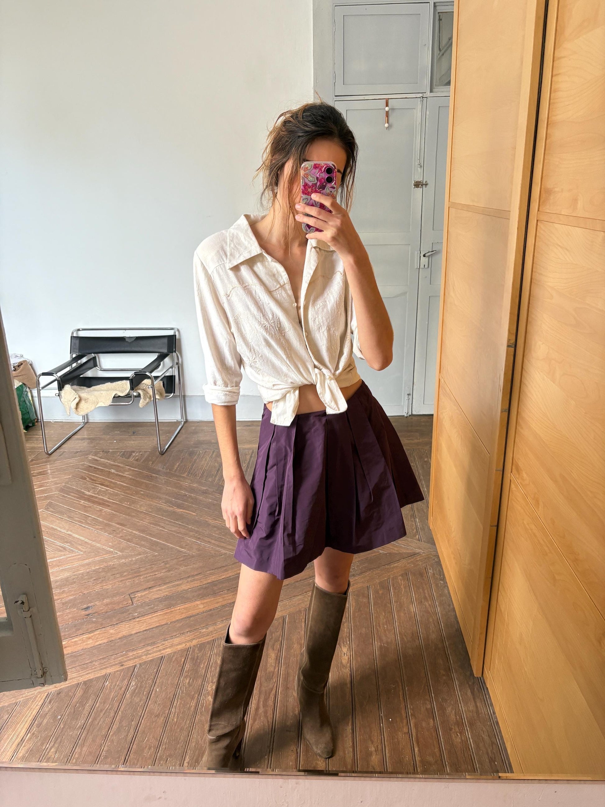 Vintage Miu Miu Purple Pleated Mini Skirt, Made in Italy Designer School Girl Skirt, Stylish Retro Aesthetic Cotton Blend 37cm Waist