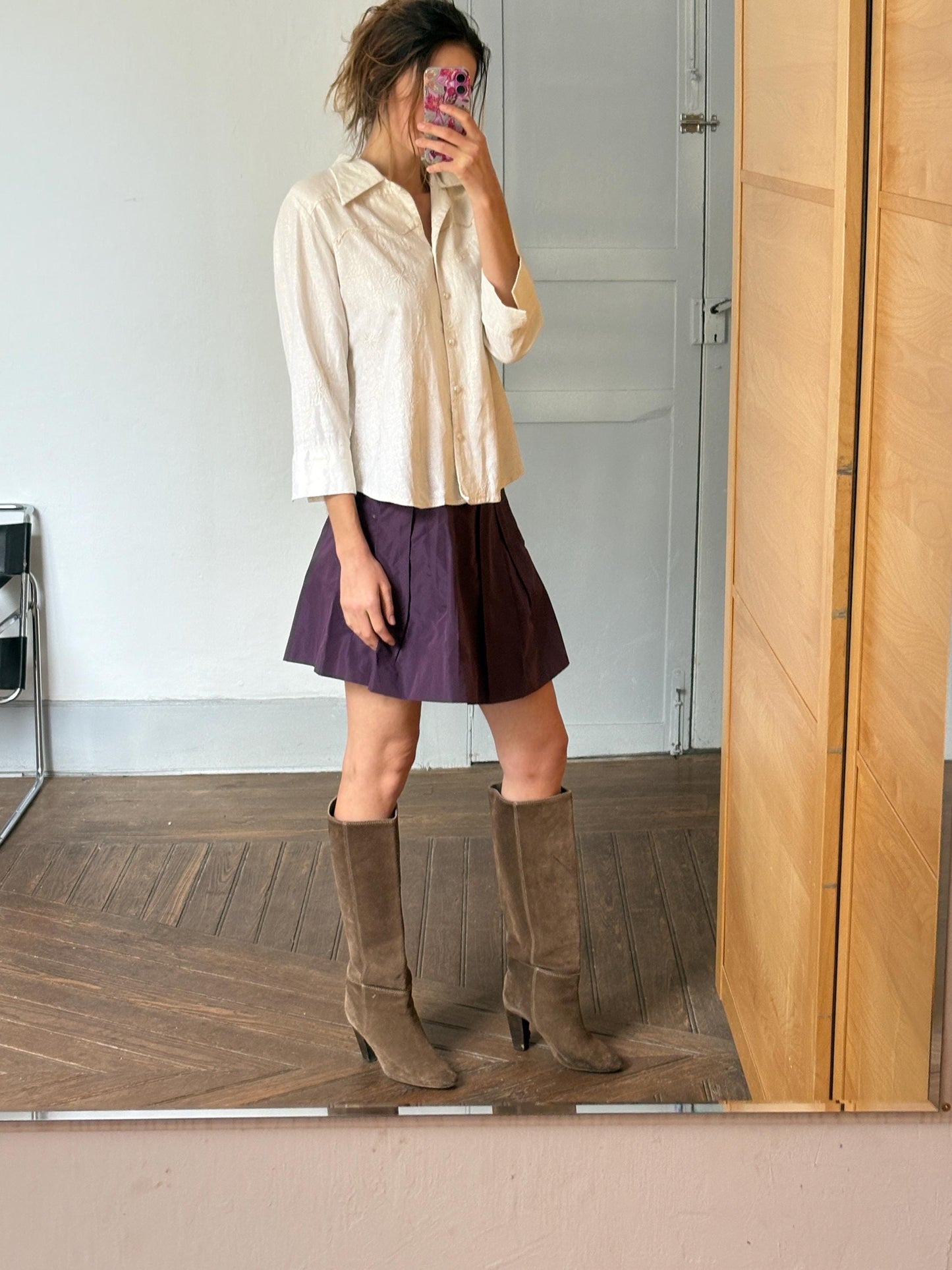 Vintage Miu Miu Purple Pleated Mini Skirt, Made in Italy Designer School Girl Skirt, Stylish Retro Aesthetic Cotton Blend 37cm Waist