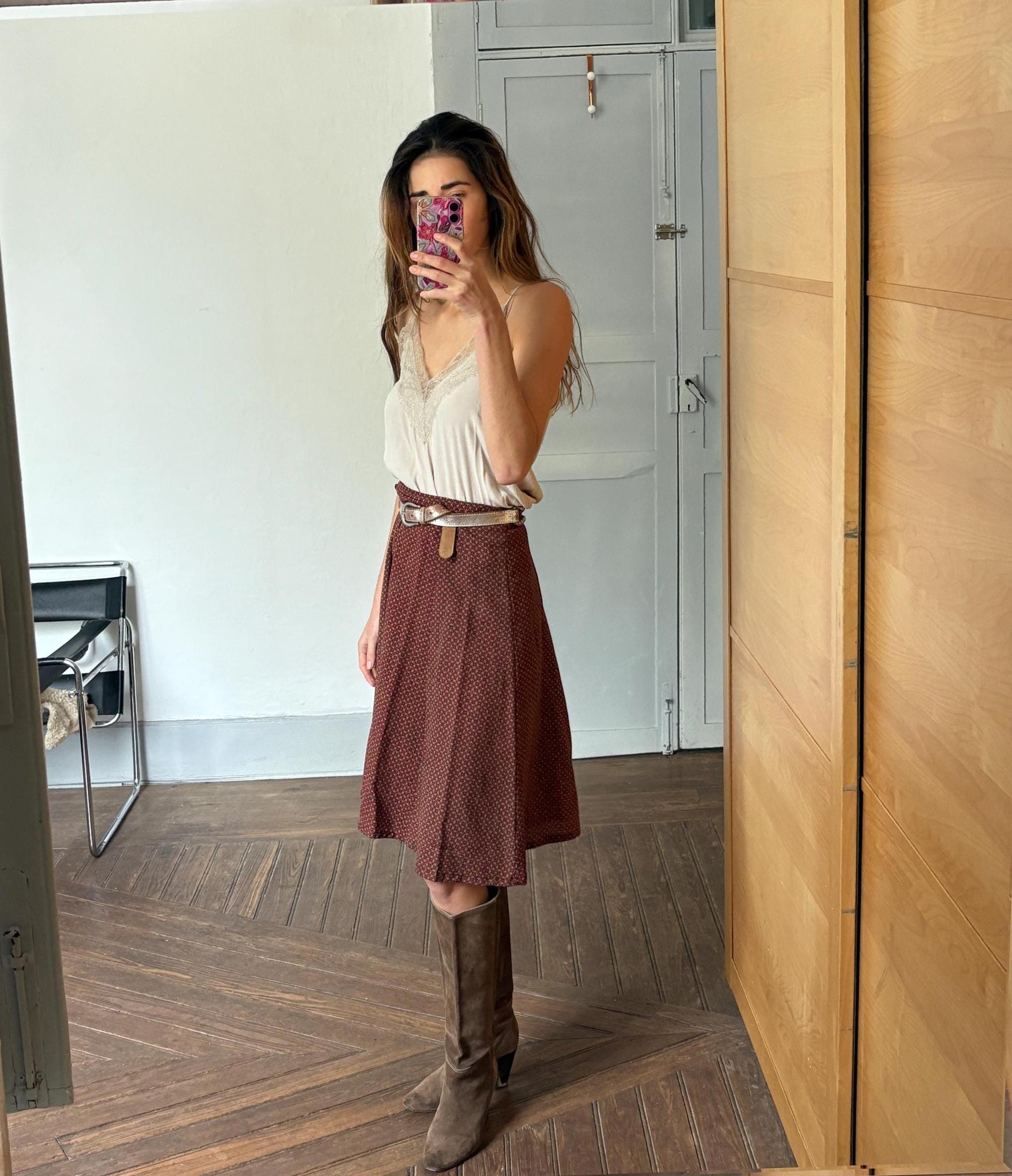 Vintage Cottagecore Midi Skirt | Red Beige Micro Pattern | Handmade 70s Academia Look