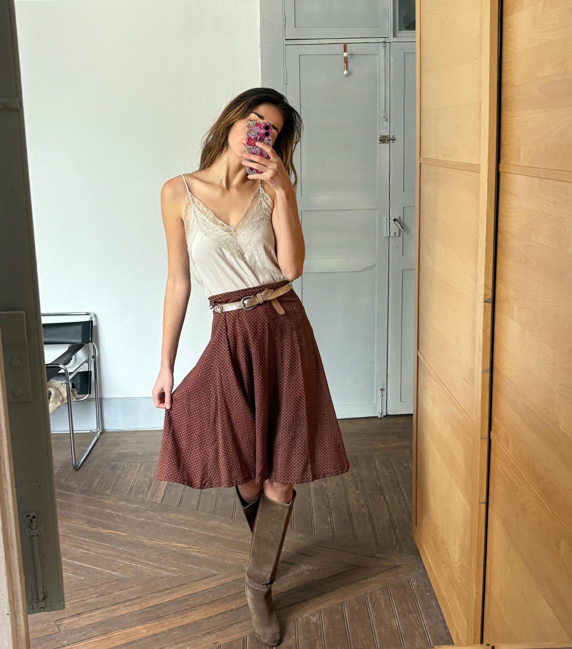 Vintage Cottagecore Midi Skirt | Red Beige Micro Pattern | Handmade 70s Academia Look