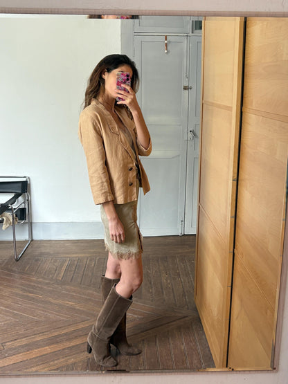 Vintage Tan Linen Cropped Blazer — fabric close-up