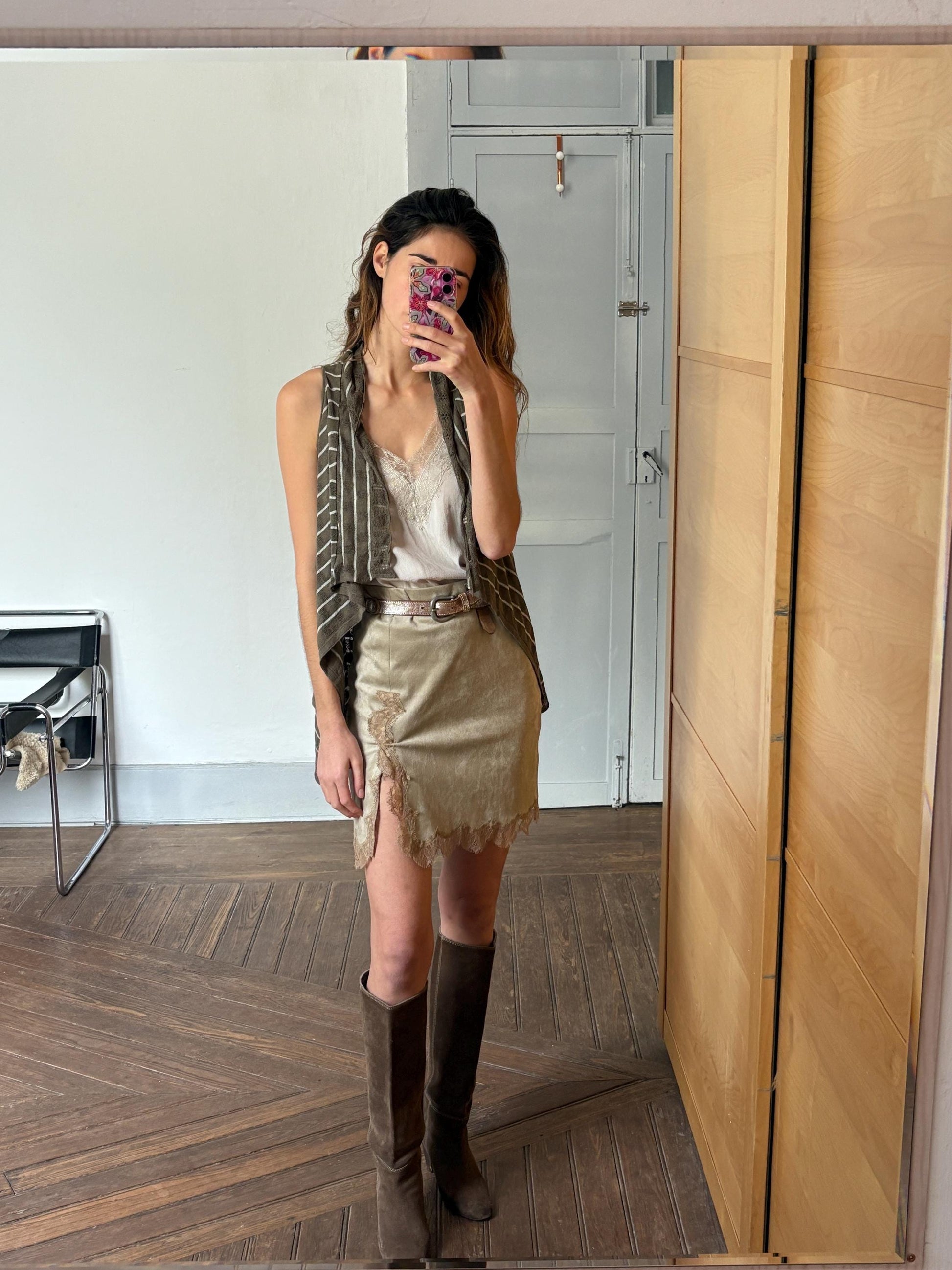 Vintage striped bolero, Elegant Women gilet, Sleeveless vest, formal waistcoat, Designer wear, Genfins moss green and white earthy cardigan