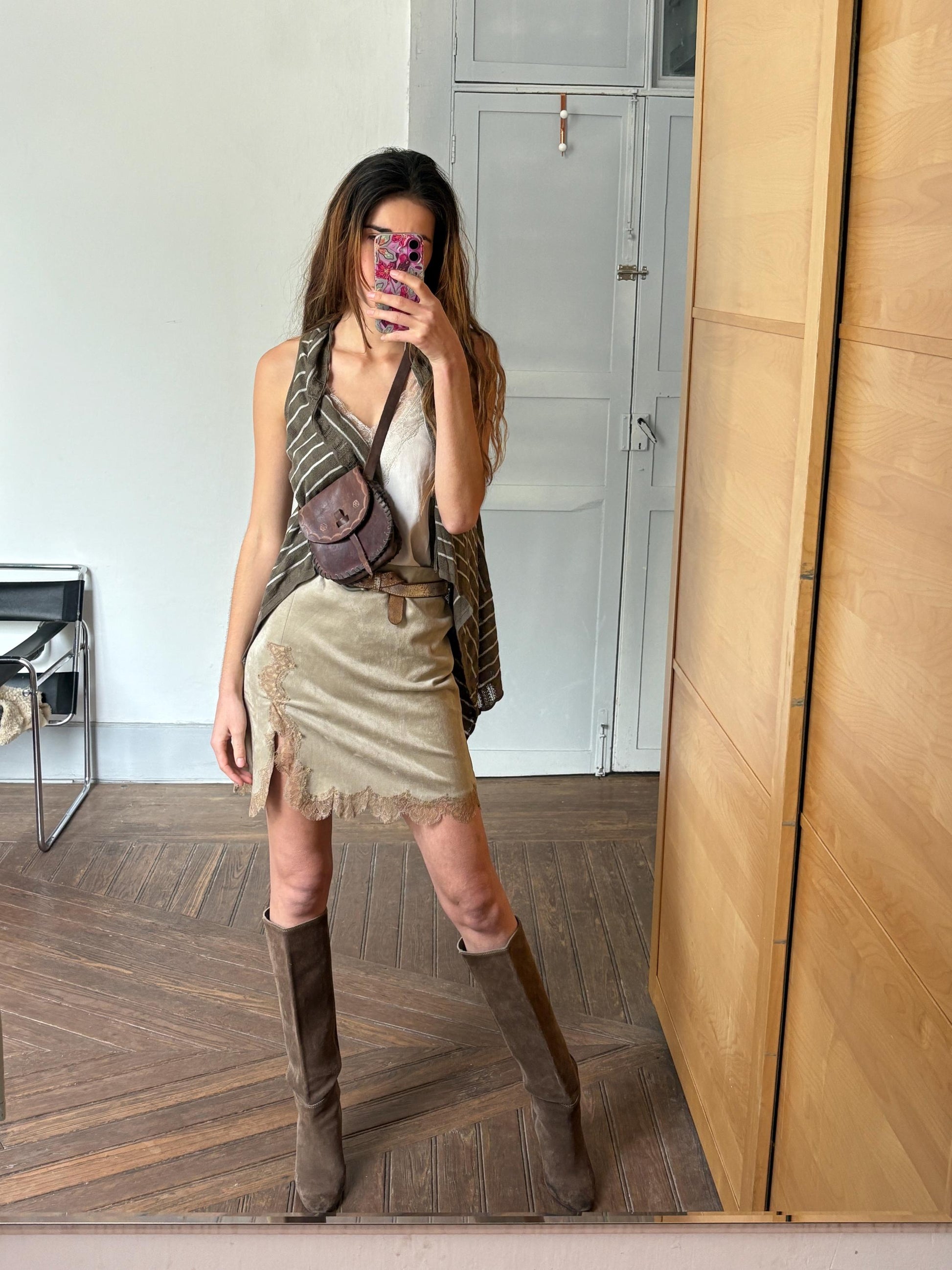 Vintage striped bolero, Elegant Women gilet, Sleeveless vest, formal waistcoat, Designer wear, Genfins moss green and white earthy cardigan