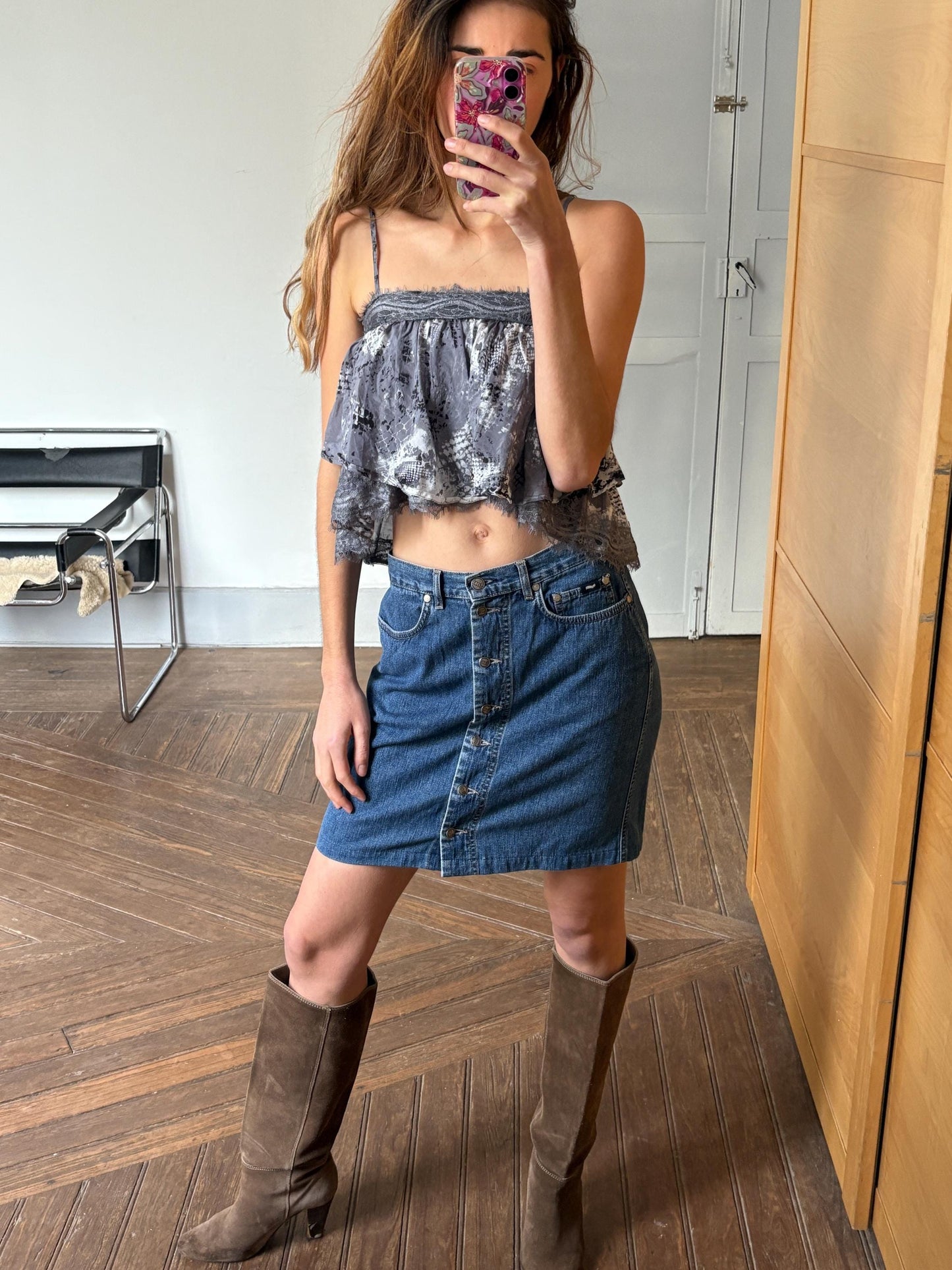 Vintage Blue jeans Gas skirt, Button down retro denim skirt, Y2k aesthetic fashion, size 30 - M