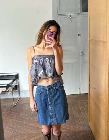 Vintage Blue Denim Button-Down Skirt — fabric close-up