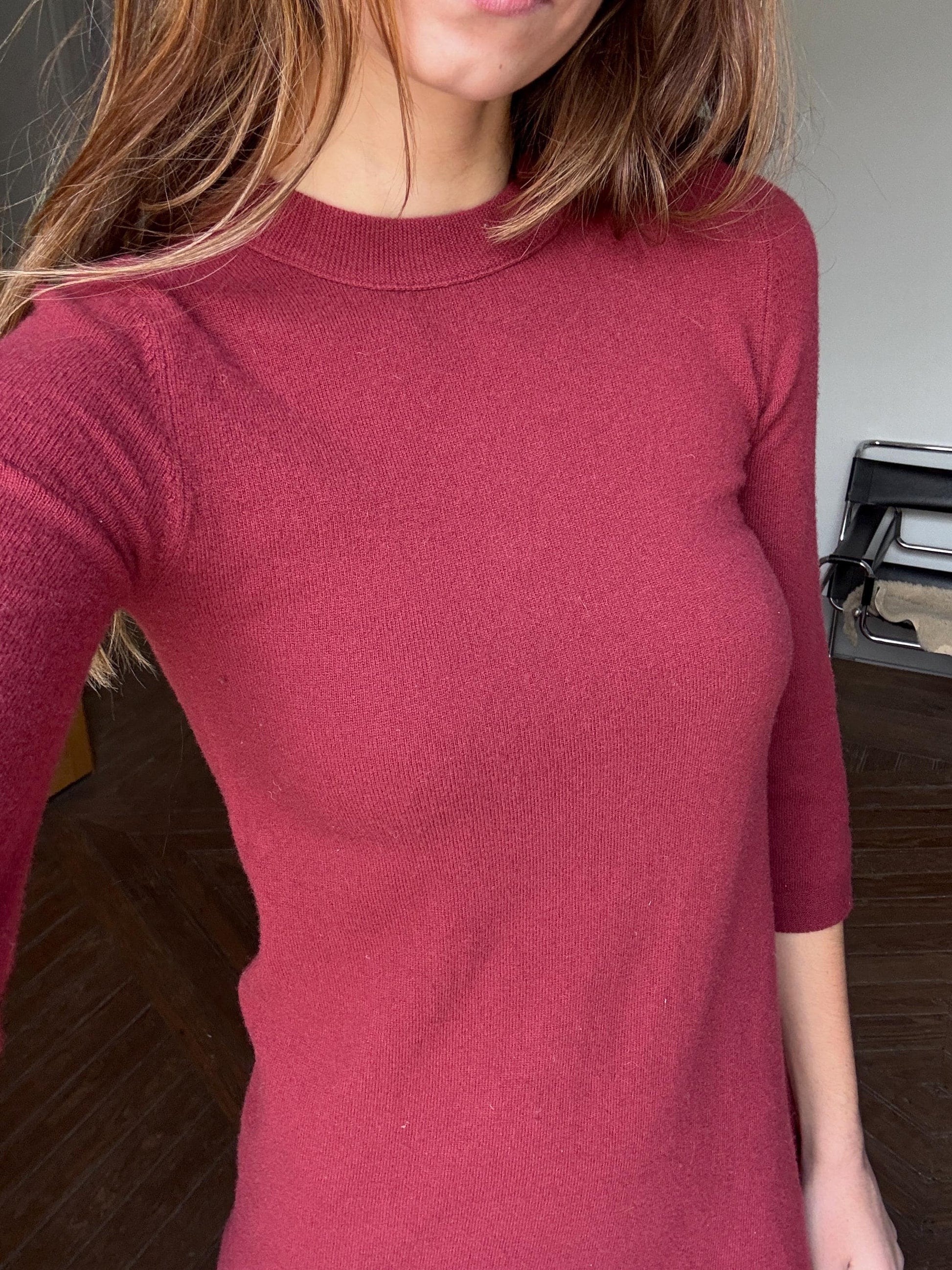 Vintage burgundy red merino wool mini dress, Cozy winter half sleeve simple dress, Virgin wool cute woman dress, Ethical minimalist wardrobe