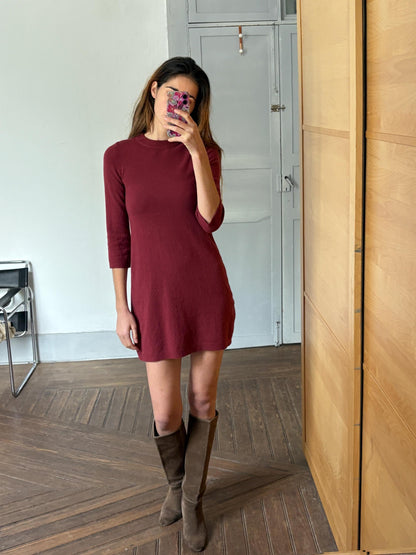 Vintage burgundy red merino wool mini dress, Cozy winter half sleeve simple dress