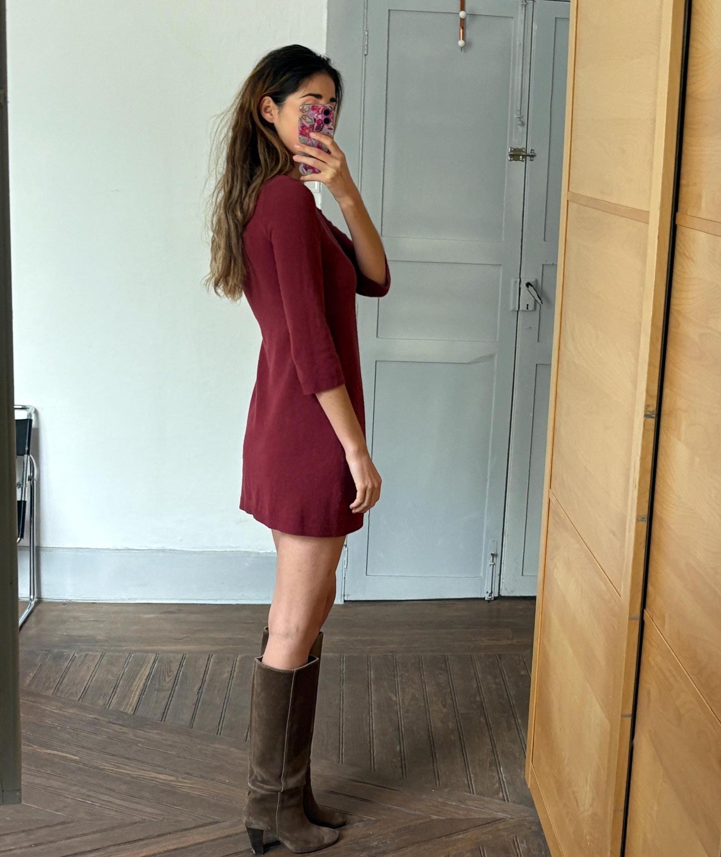 Vintage burgundy red merino wool mini dress, Cozy winter half sleeve simple dress, Virgin wool cute woman dress, Ethical minimalist wardrobe