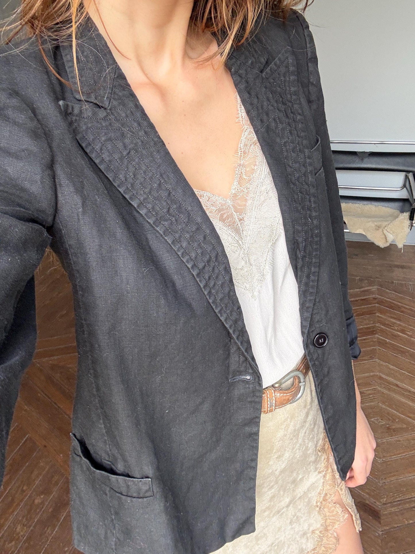 Vintage black linen woman blazer, Cute formal jacket, Minimalist wardrobe, Oversized boxy fit, Dark academia smart aesthetic, Size M