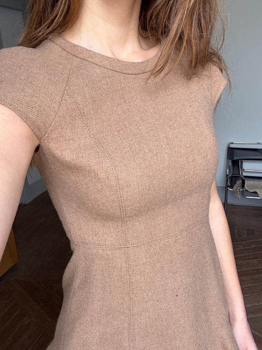 Vintage Adolfo Dominguez Fit & Flare Wool Dress | Soft Brown Mini Dress | Academia Fall Aesthetic