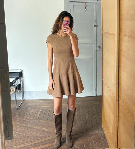 Vintage Adolfo Dominguez Fit & Flare Wool Dress | Soft Brown Mini Dress | Academia Fall Aesthetic