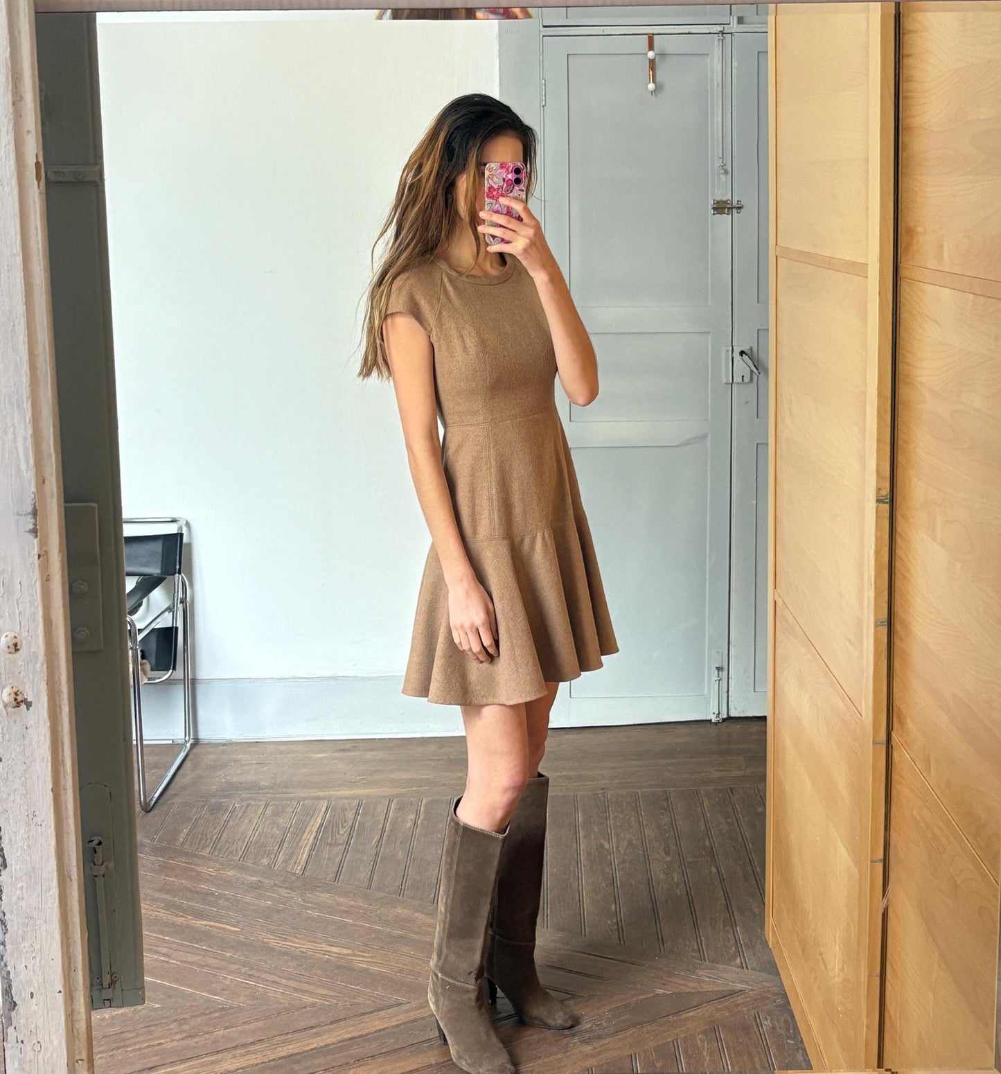 Vintage Adolfo Dominguez Fit & Flare Wool Dress | Soft Brown Mini Dress | Academia Fall Aesthetic