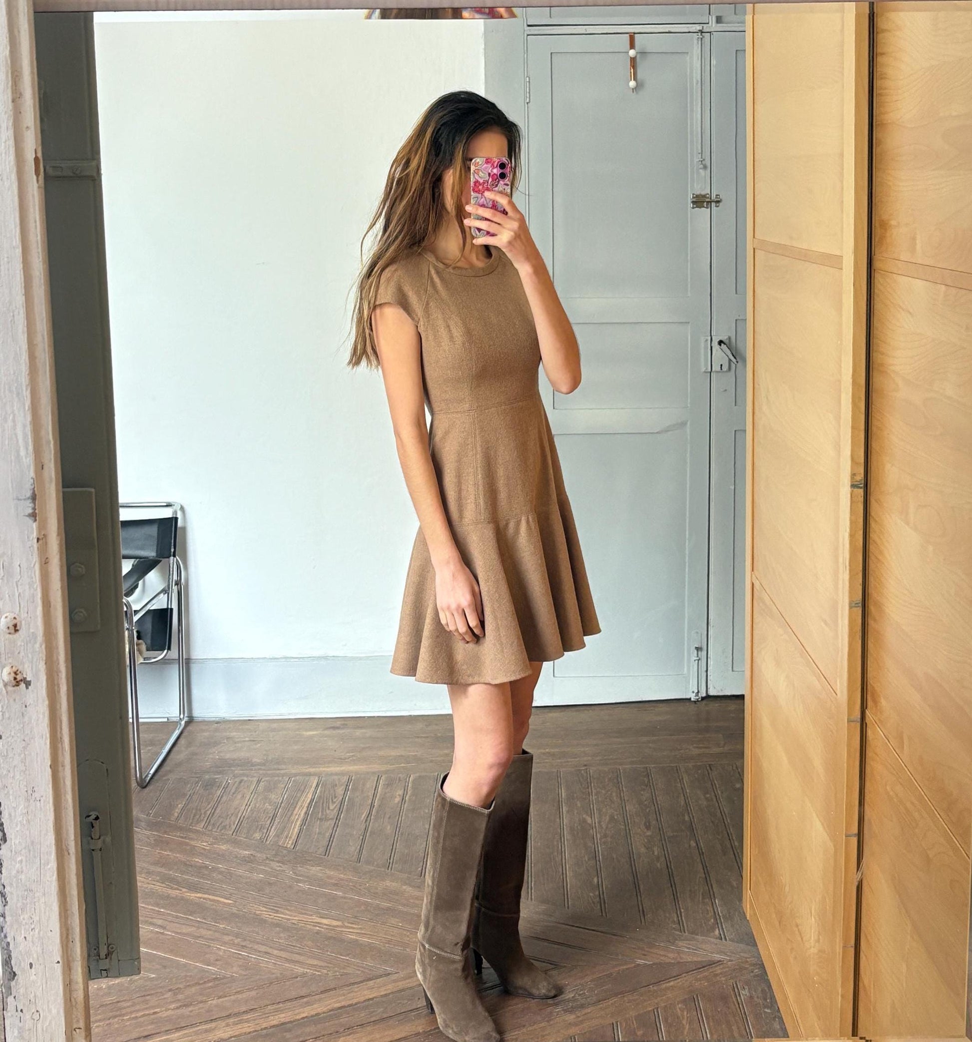 Vintage Adolfo Dominguez Fit & Flare Wool Dress | Soft Brown Mini Dress | Academia Fall Aesthetic