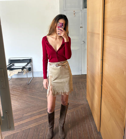 Vintage Red Silk Wool Cardigan — detail