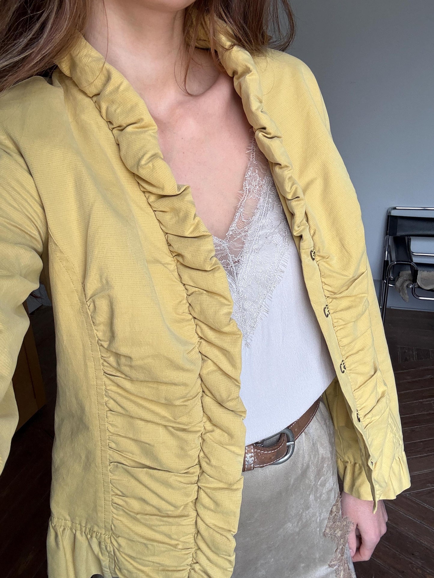 Vintage Ruffle Jacket | Soft Yellow La Ligna Blazer | 90s Feminine Academia