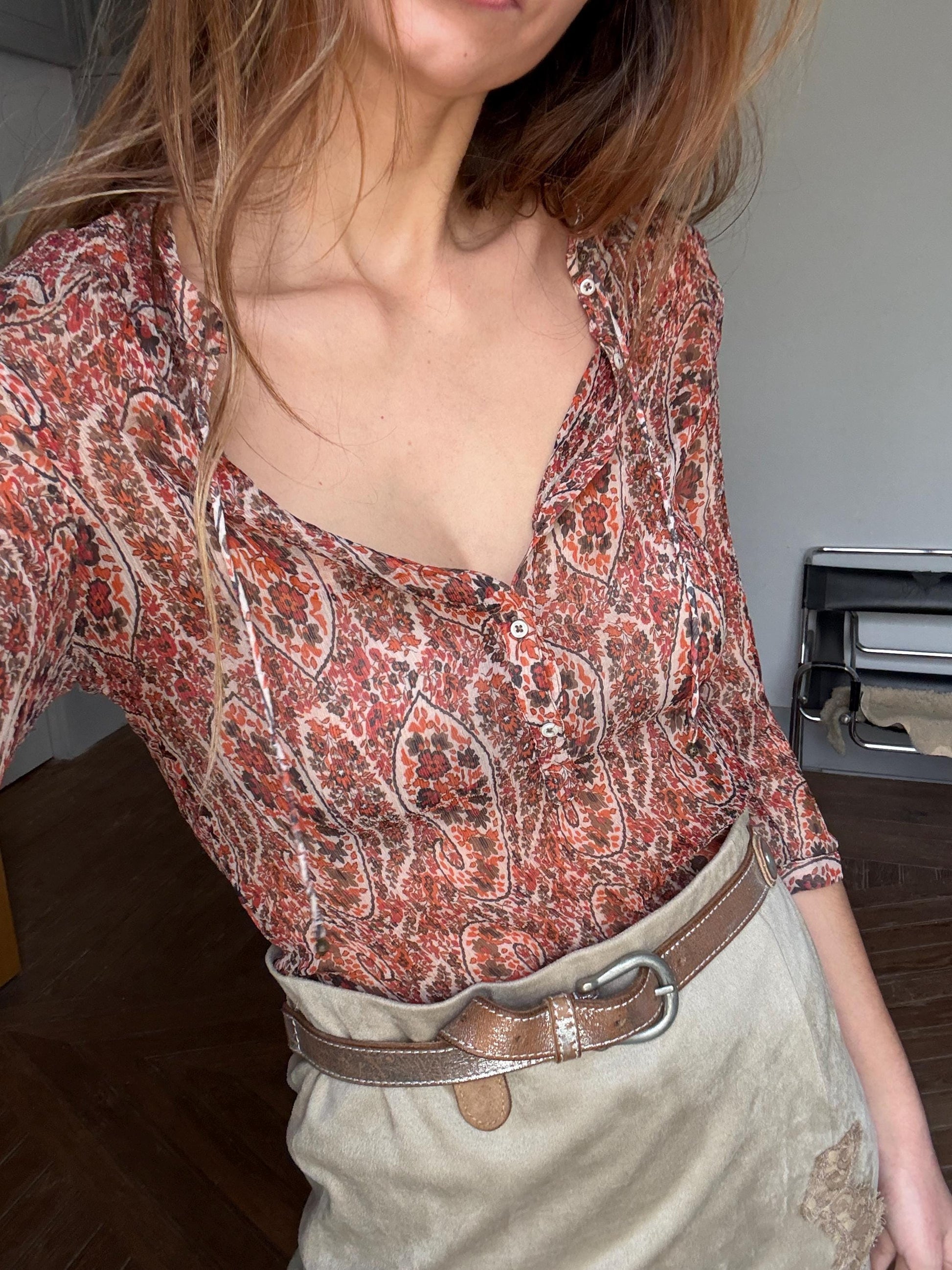 Foral sheer warm orange woman blouse, Sexy see through formal paisley print button up shirt by Massimo Dutti, Elegant camisole,
