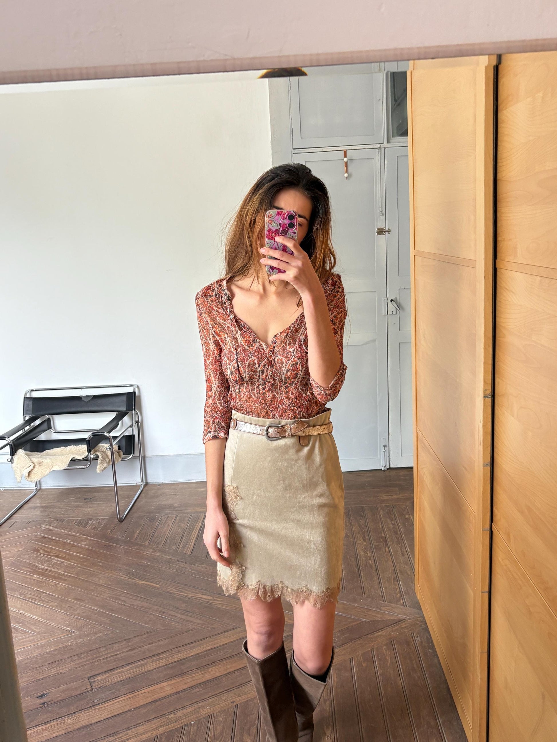 Foral sheer warm orange woman blouse, Sexy see through formal paisley print button up shirt by Massimo Dutti, Elegant camisole,