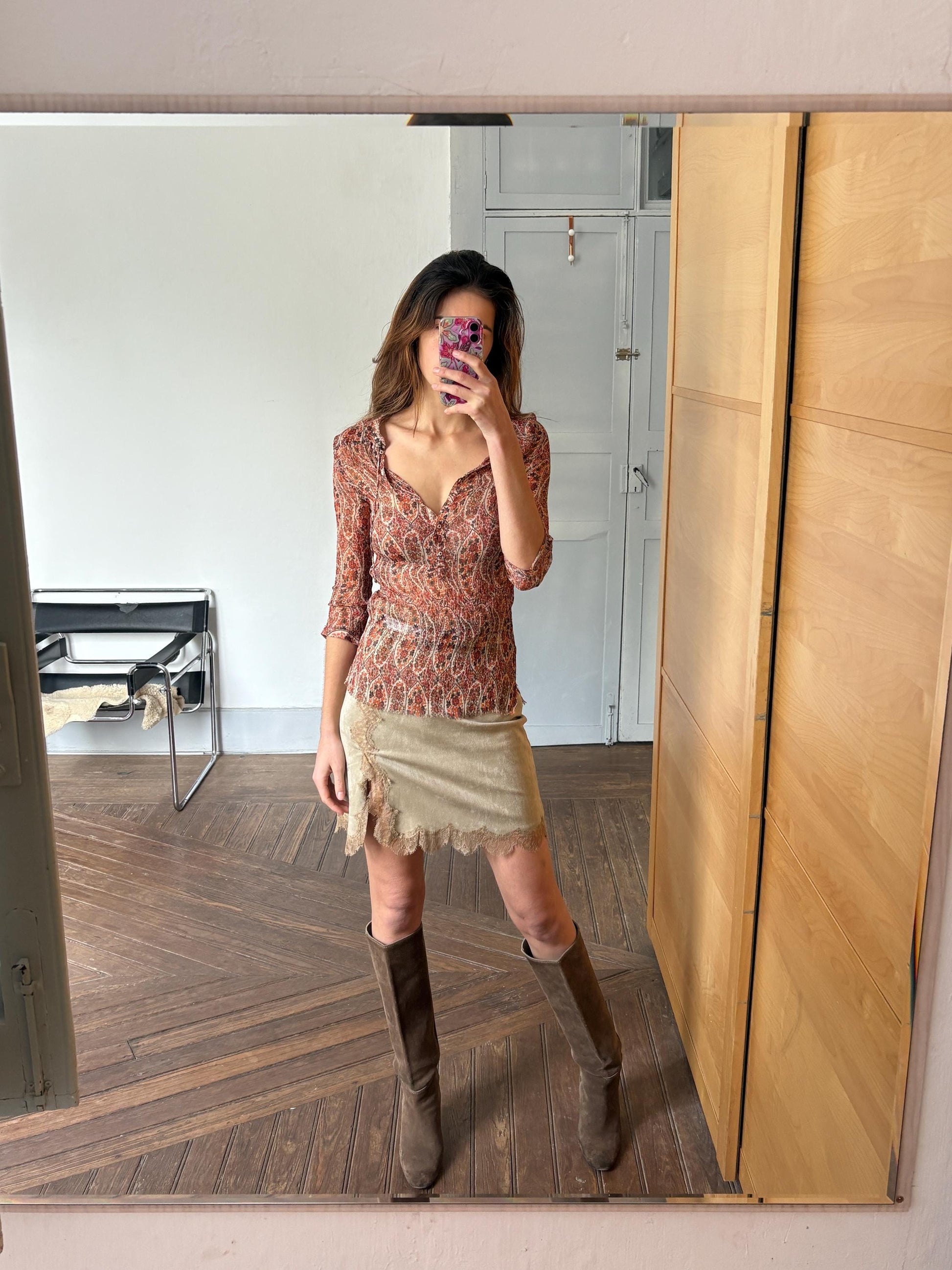 Foral sheer warm orange woman blouse, Sexy see through formal paisley print button up shirt by Massimo Dutti, Elegant camisole,