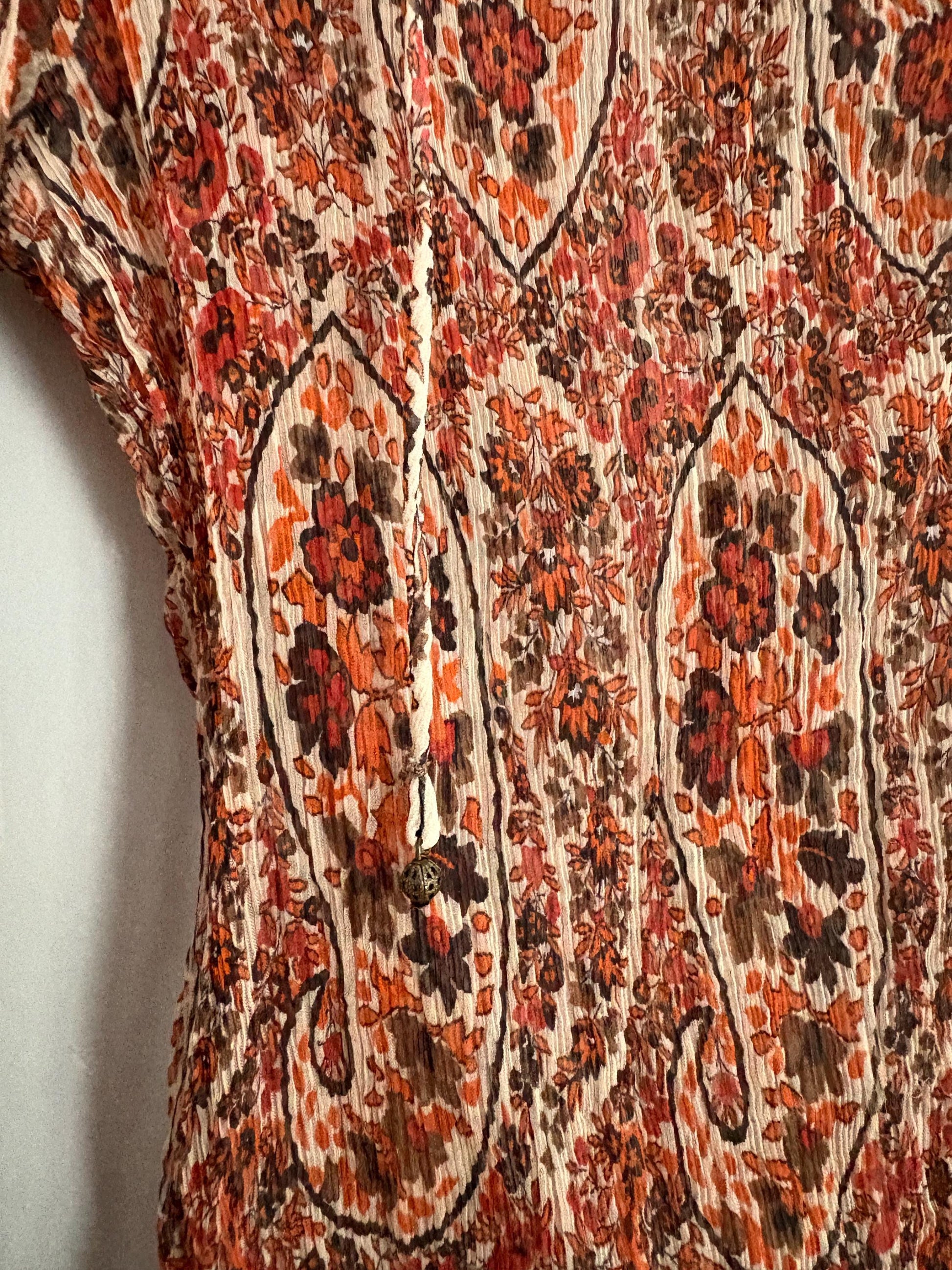 Foral sheer warm orange woman blouse, Sexy see through formal paisley print button up shirt by Massimo Dutti, Elegant camisole,