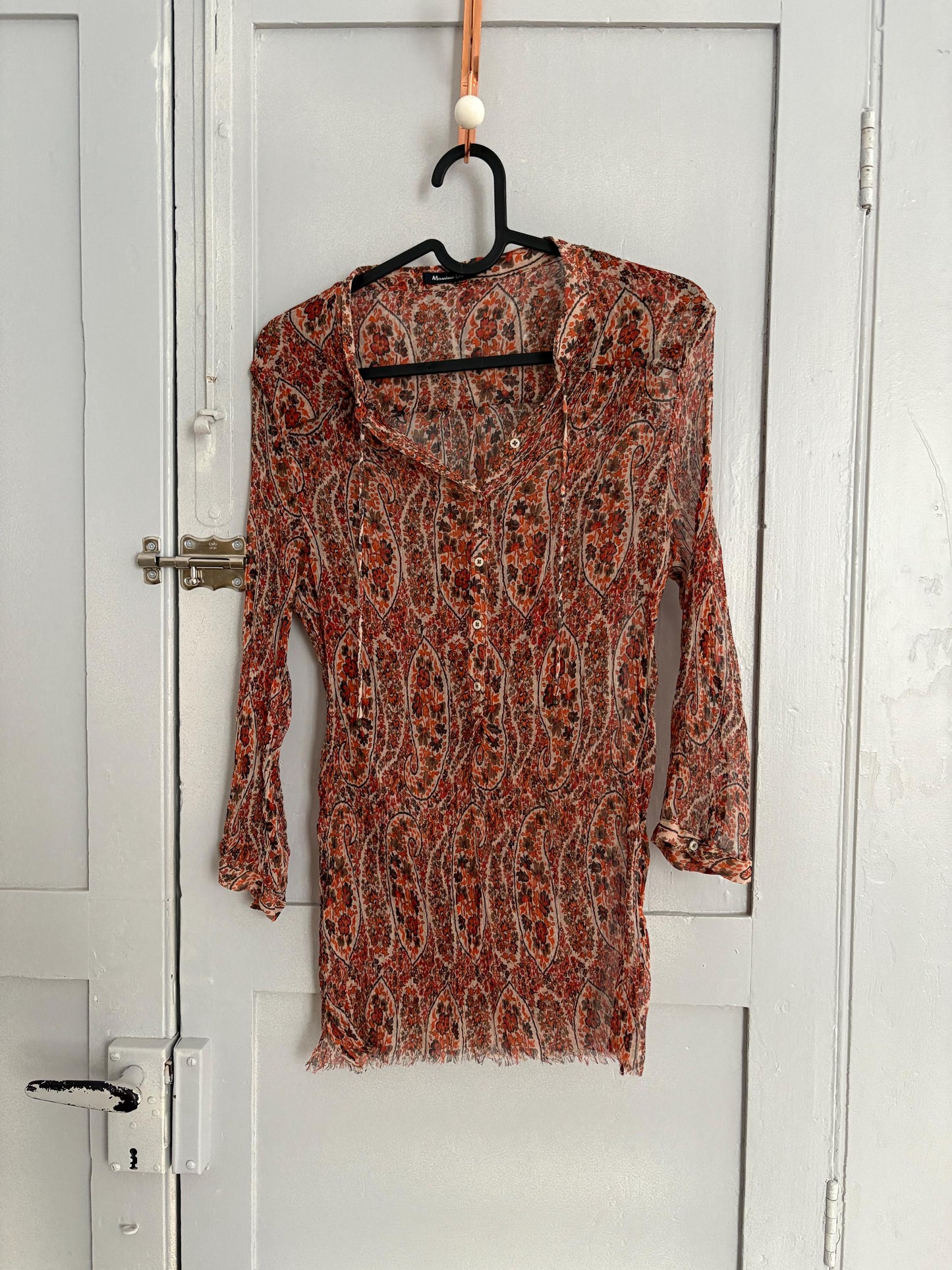 Foral sheer warm orange woman blouse, Sexy see through formal paisley print button up shirt by Massimo Dutti, Elegant camisole,
