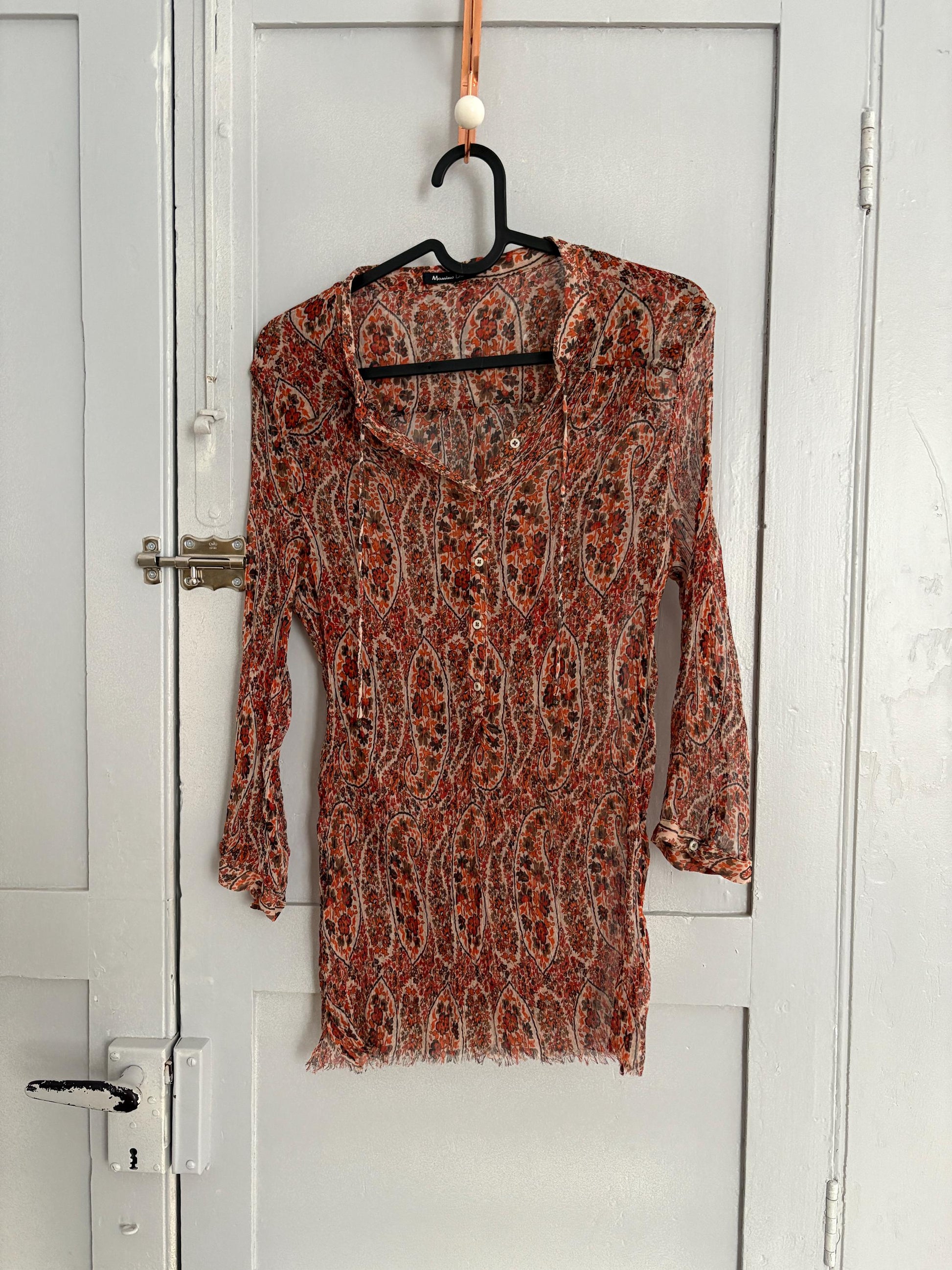 Foral sheer warm orange woman blouse, Sexy see through formal paisley print button up shirt by Massimo Dutti, Elegant camisole,